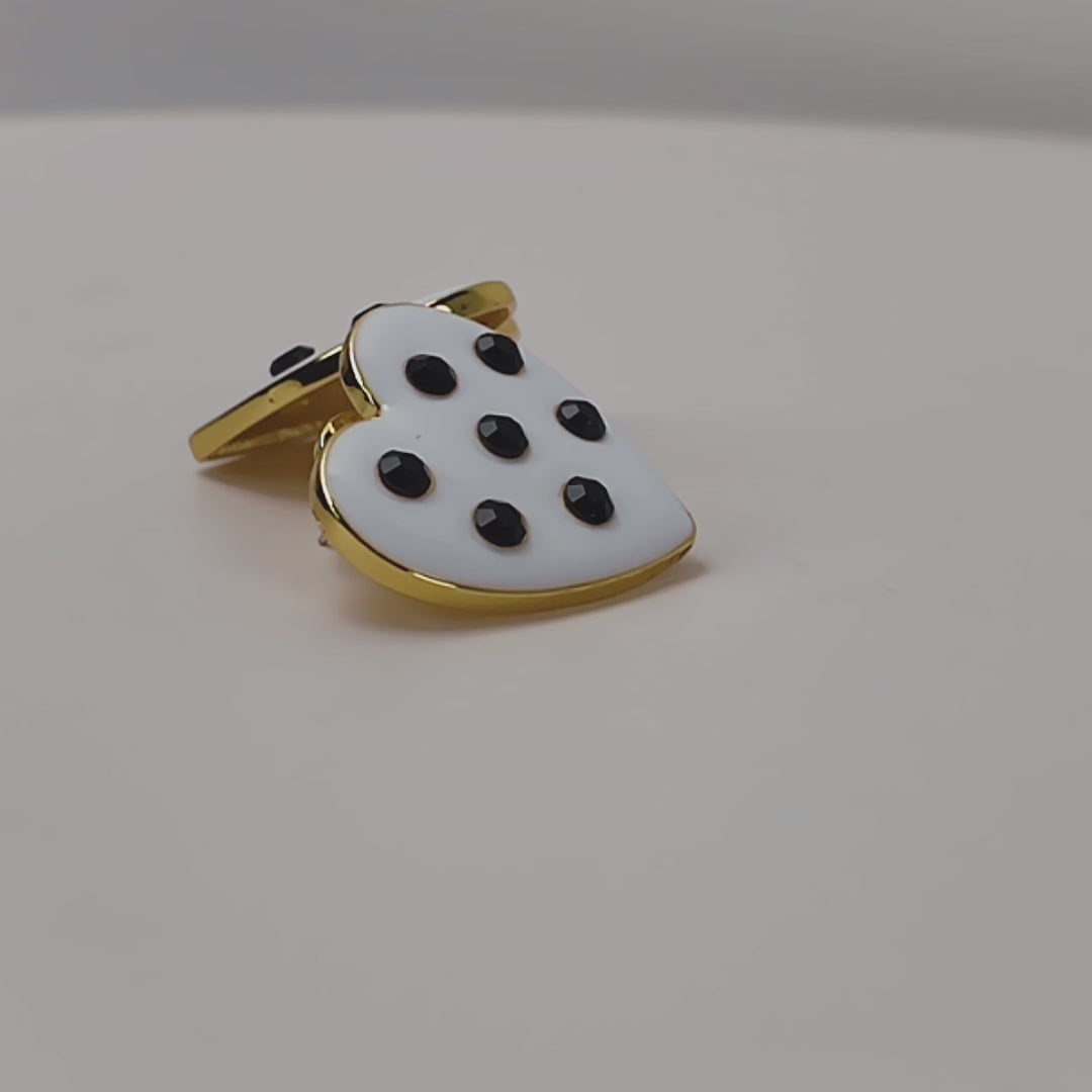 Sassy Jones Lovebug Black and White heart earrings featuring a playful polka dot inspired crystal design.