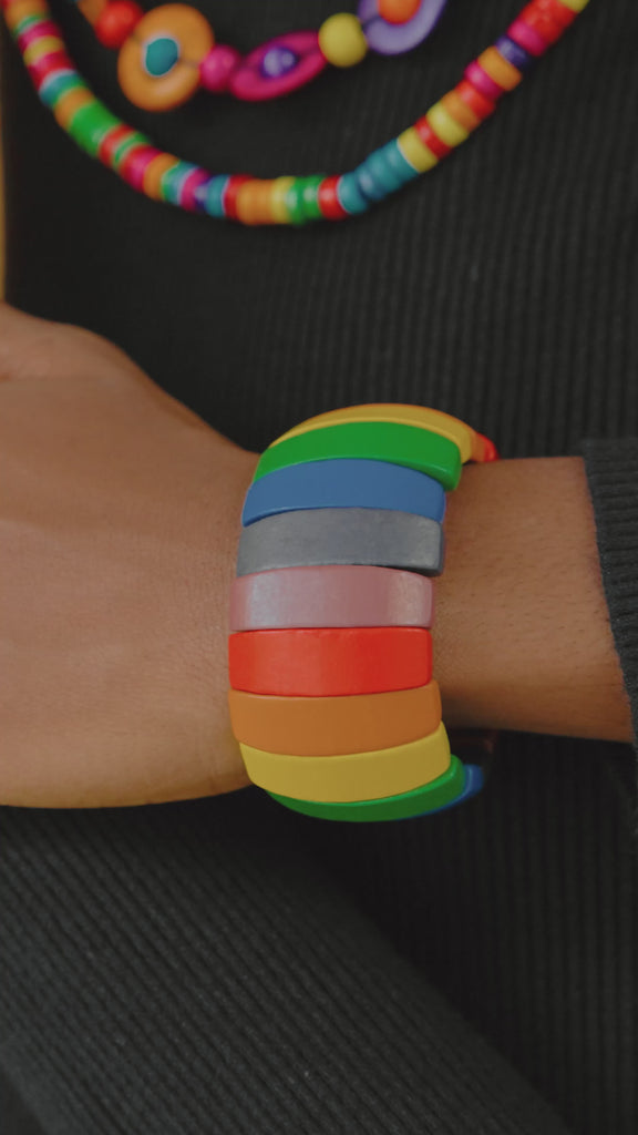 Ayoka bracelet, Confetti Pop bracelet, wooden stretch bracelet, colorful chunky bracelet, bold wooden jewelry, lightweight stretch bracelet, festival bracelet, vibrant statement jewelry, jazzy wooden bracelet, rainbow stretch cuff, curvy girl bracelets