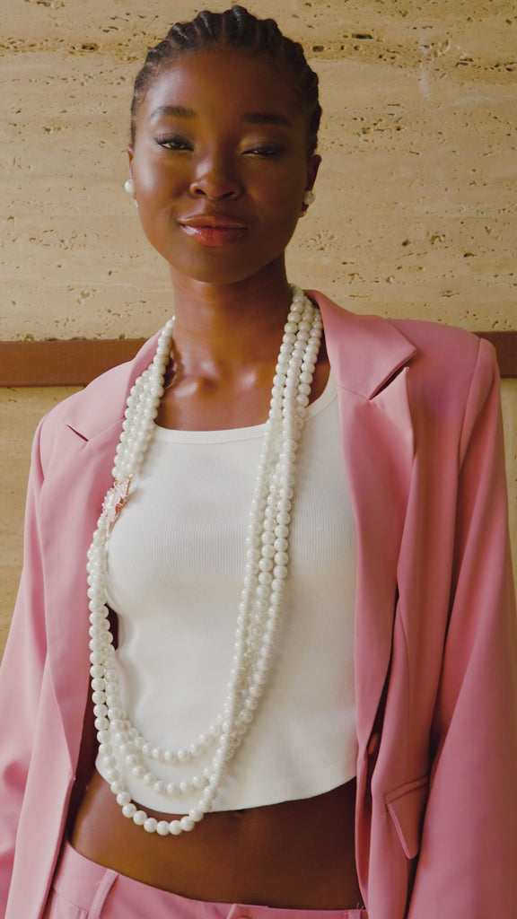 Diamonique pearl necklace, pearl long dress chain, iridescent pearl necklace, rose gold pearl necklace, layered pearl necklace, luxury pearl jewelry, pearl statement necklace, extra-long pearl chain, crystal accent pearl necklace, bold pearl jewelry