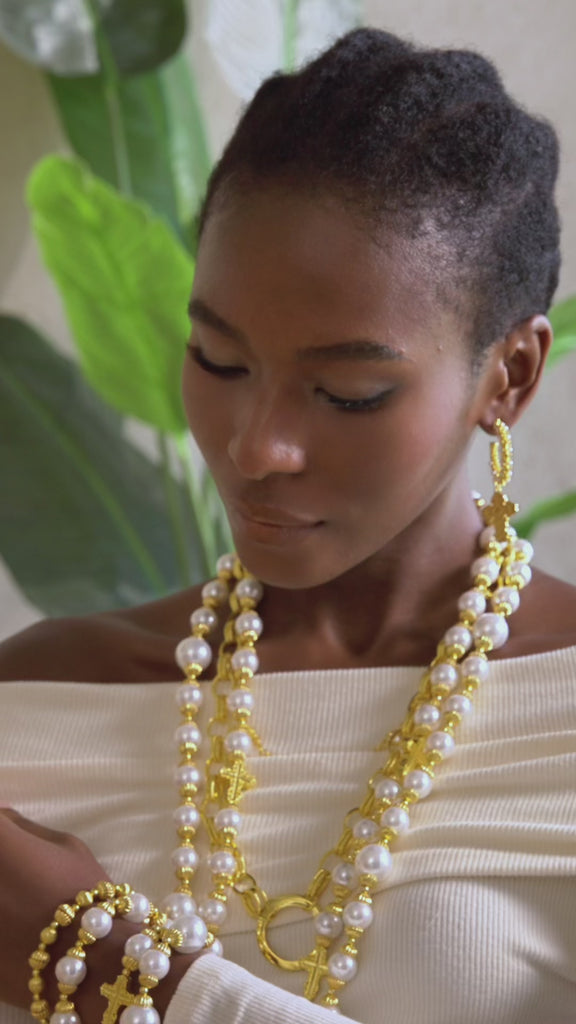 pearl bracelet stack, cross bracelet, stretch bracelet women, statement bracelet stack, fashion pearl bracelet, gold pearl bracelet, luxury bracelet women, religious jewelry bracelet, boutique bracelets, bold bracelet jewelry