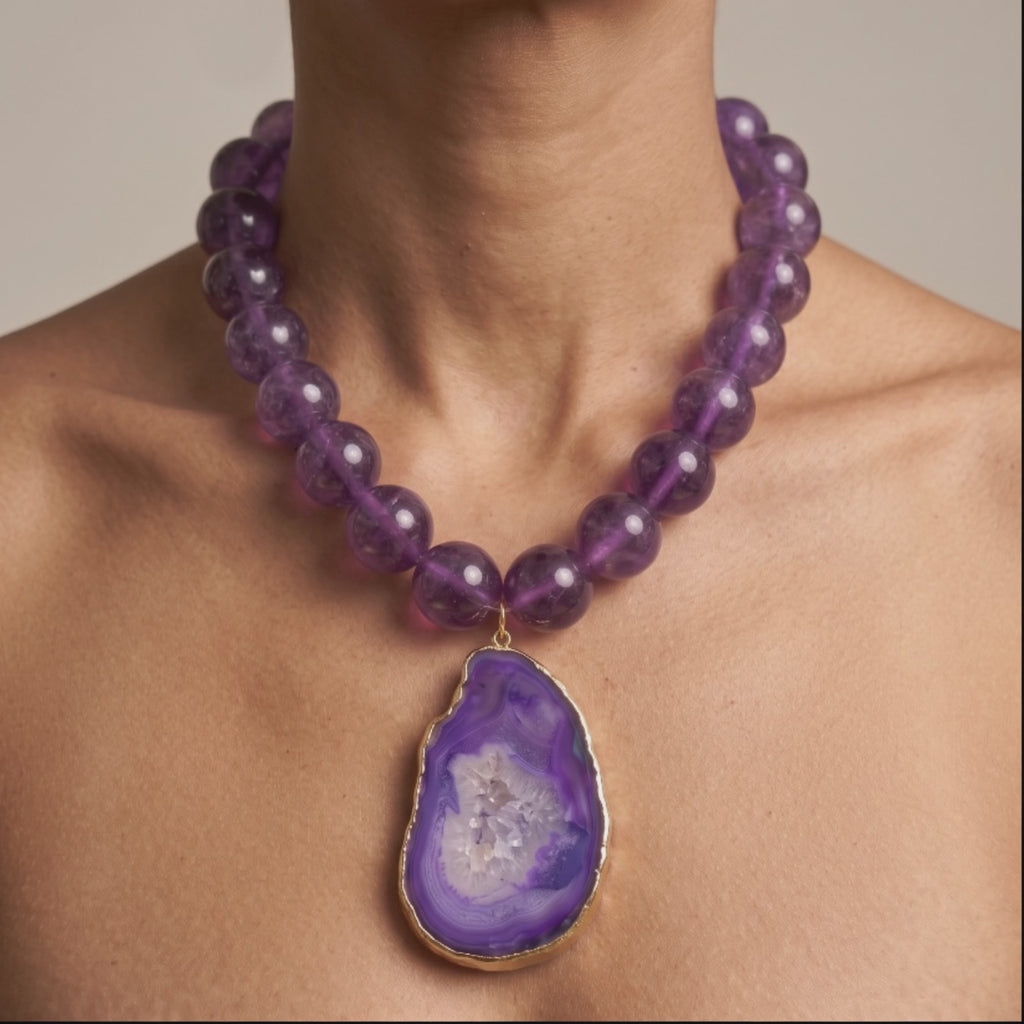 Chrysallis necklace with translucent purple agate beads and natural sliced stone pendant with crystal druzy center.