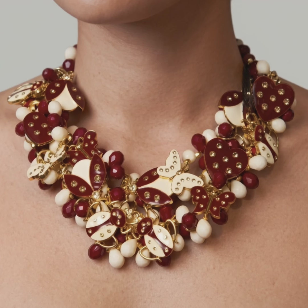 Lovebug 18k Brooch Bib - Crimson/Cream,Necklaces, Sassy Jones,