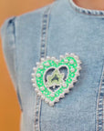 Ivey Dream Heart Brooch - White Pearl On Green