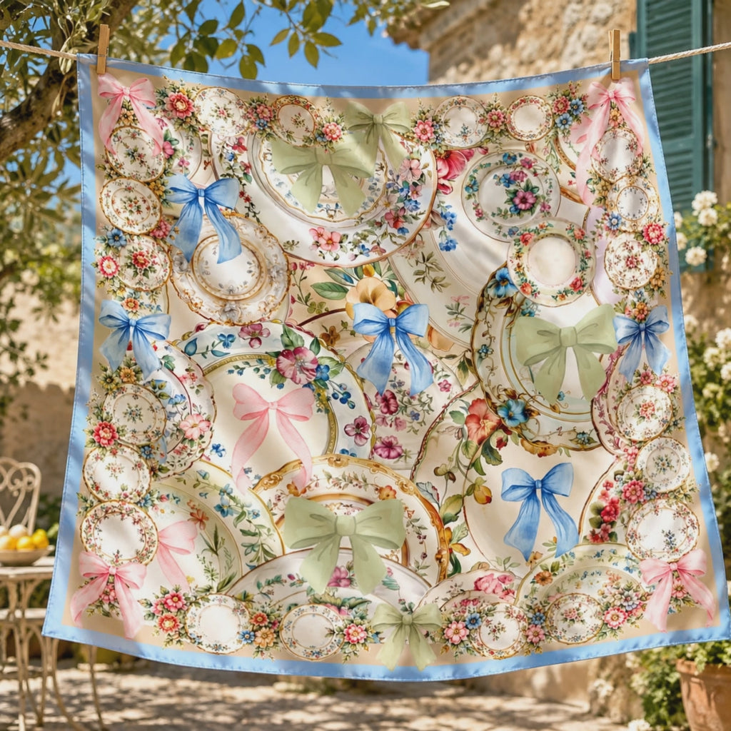 Sassy Jones Auntie Pat Scarf featuring a 51 inch square design with vintage china illustrations and delicate florals.
