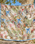 Sassy Jones Auntie Pat Scarf featuring a 51 inch square design with vintage china illustrations and delicate florals.