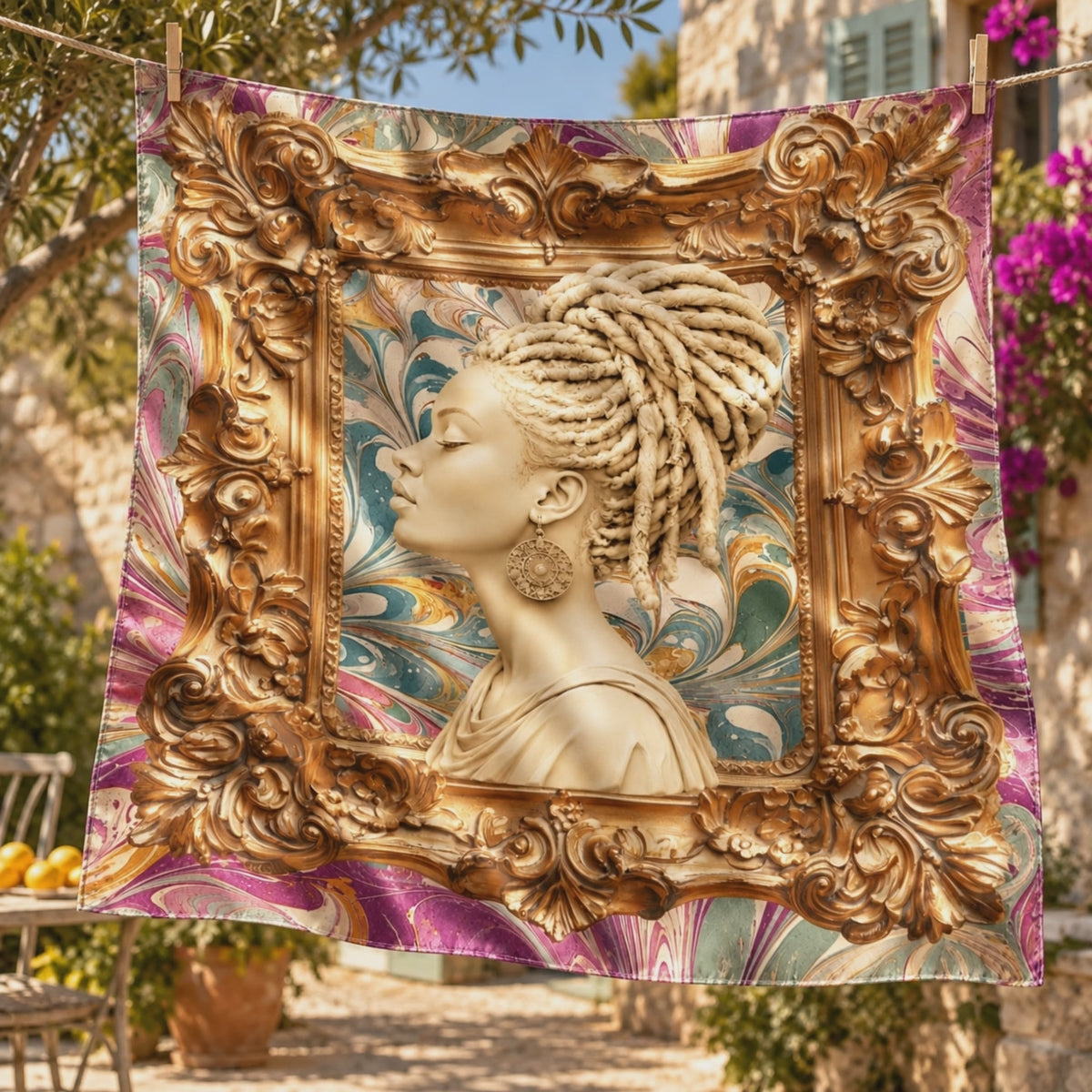 Oversized statement scarf featuring a cream colored sculptural bust with an elaborate loc updo and gold earrings.