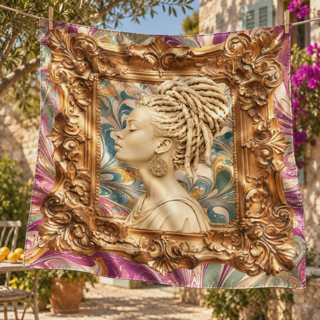 Oversized statement scarf featuring a cream colored sculptural bust with an elaborate loc updo and gold earrings.