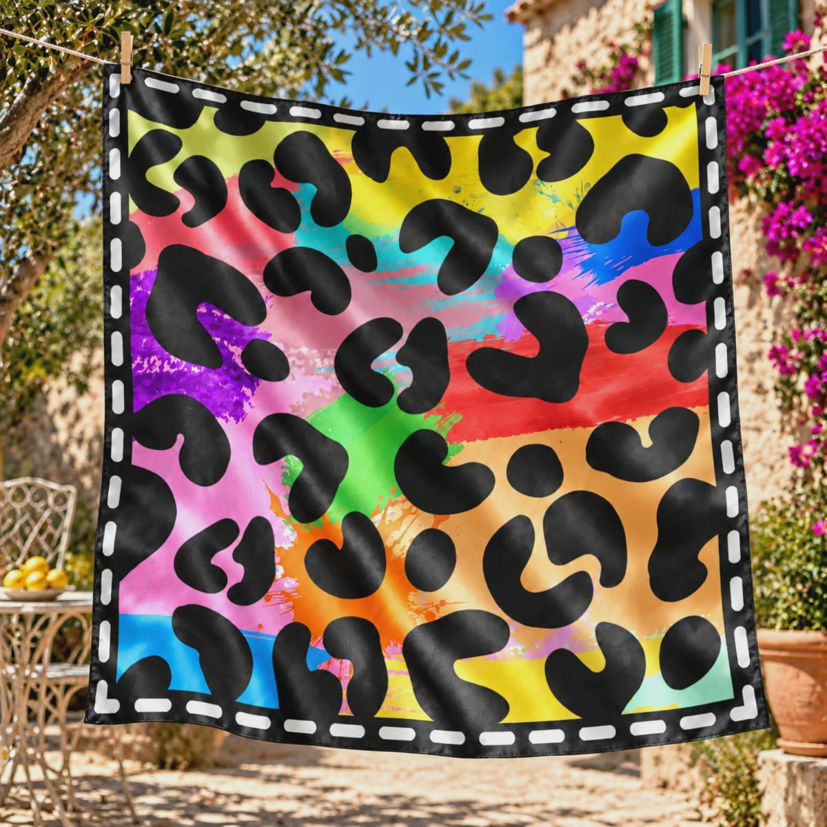 close up of A square scarf with a vibrant rainbow watercolor splatter background and black leopard spots, finished with a white dashed border, shown on a light gray background.