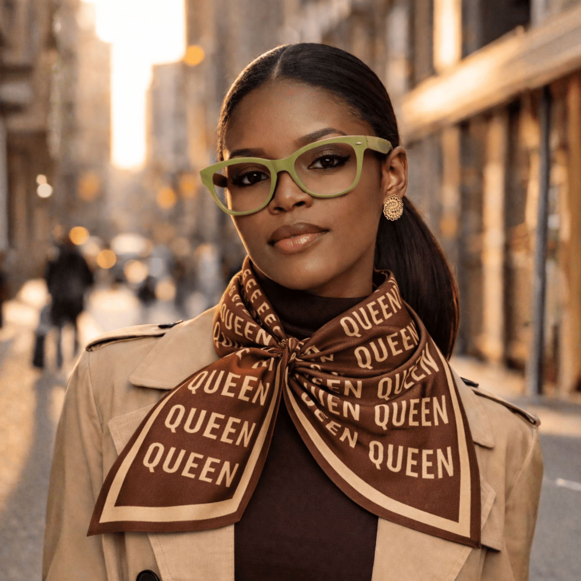 Queen Luxe Scarf 33" x 33" - Chocolate,Scarves, Sassy Jones,luxury square scarf, satin scarf for women, designer inspired scarf, silk style scarf, boutique fashion scarf, printed square scarf, colorful satin scarf, hair scarf accessory, handbag scarf accessory, statement scarf women