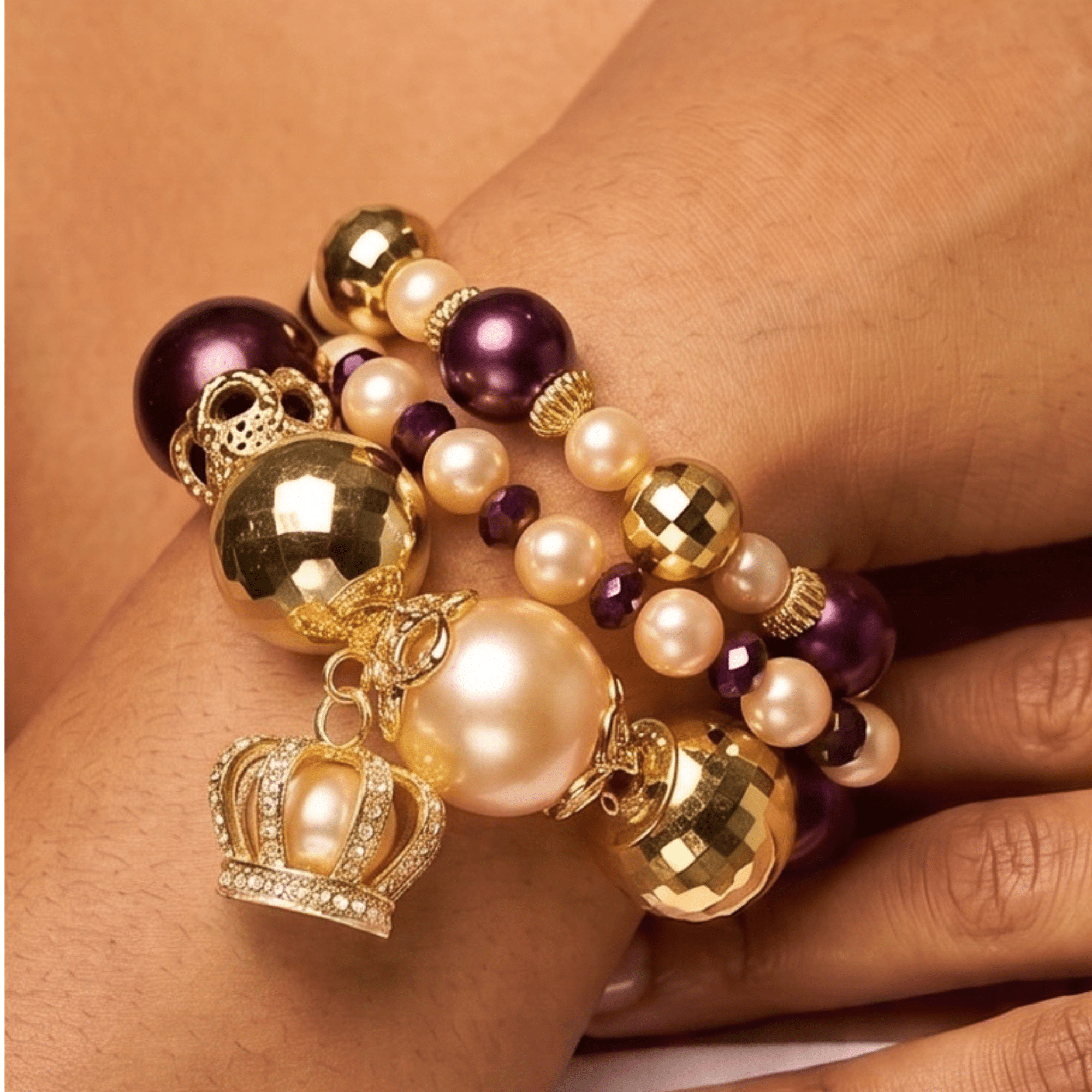 Reign Champagne Pearl 3pc Stretch Charm Bracelet Stack,Bracelets, Sassy Jones,