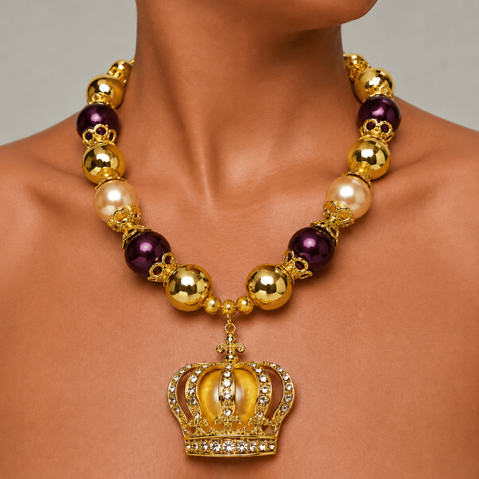Reign Champagne Pearl Pavé Crown Statement Necklace,Necklaces, Sassy Jones,