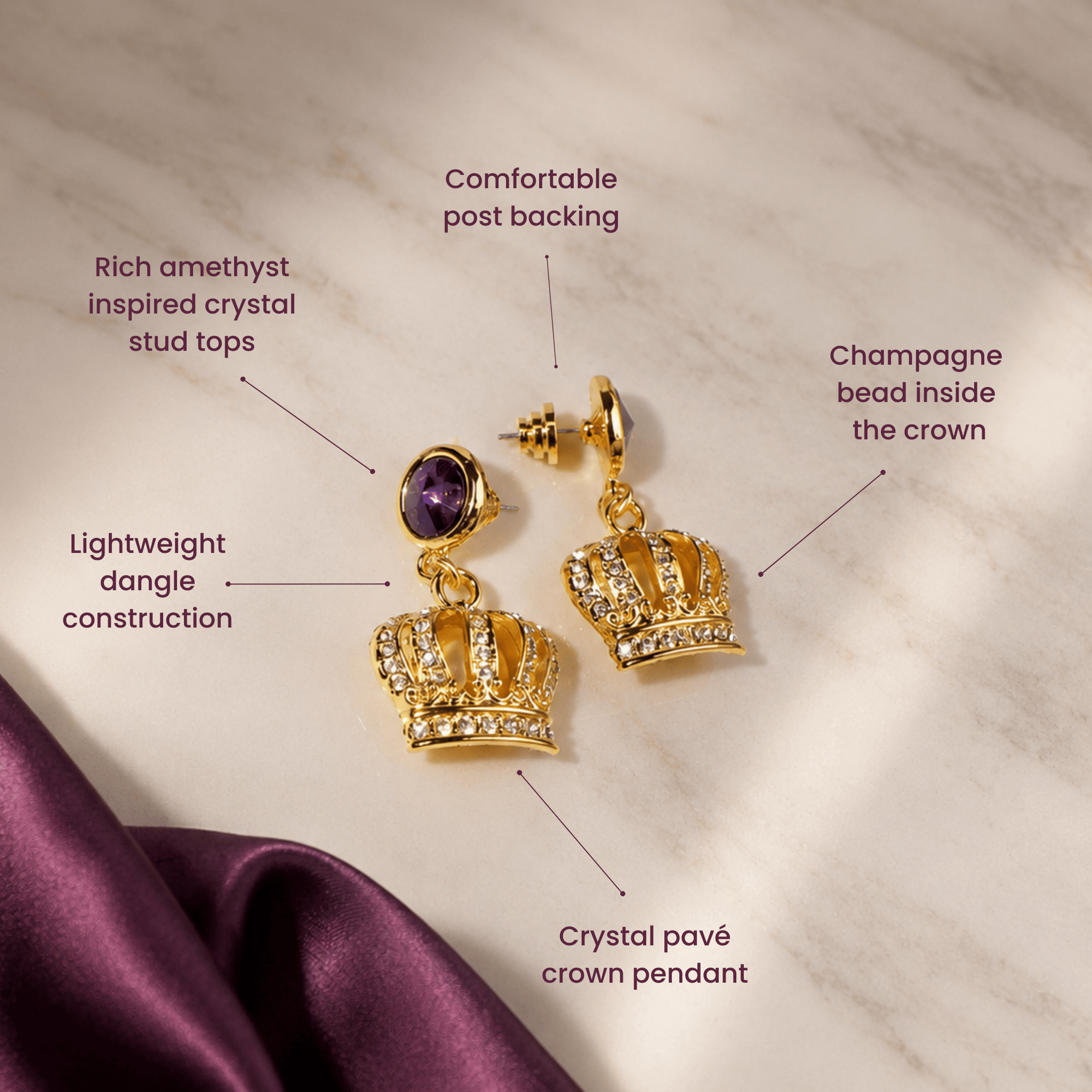 Reign Pavé Crown Purple Gemstone Dangle Earrings,Earrings, Sassy Jones,