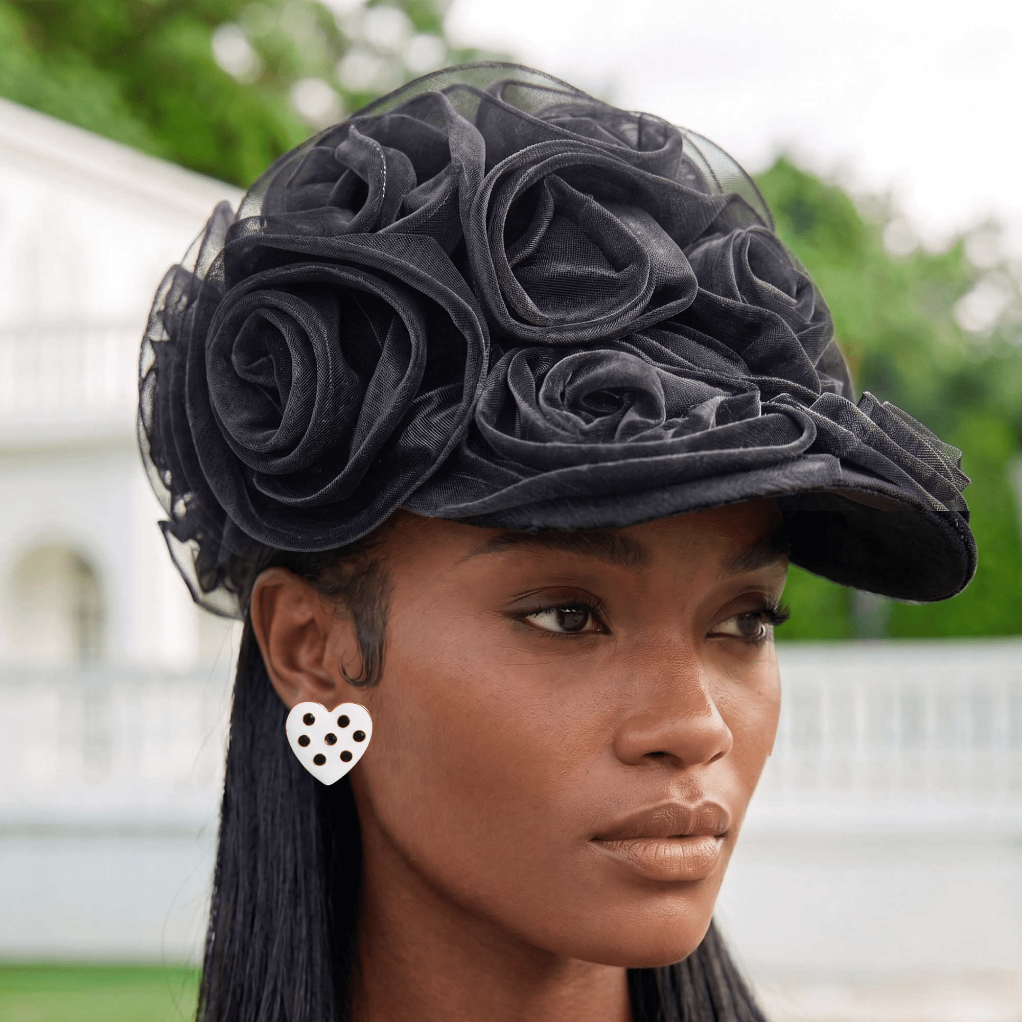 Rosette Ruffle Chiffon Cap - Onyx Bloom,Hat, Sassy Jones,