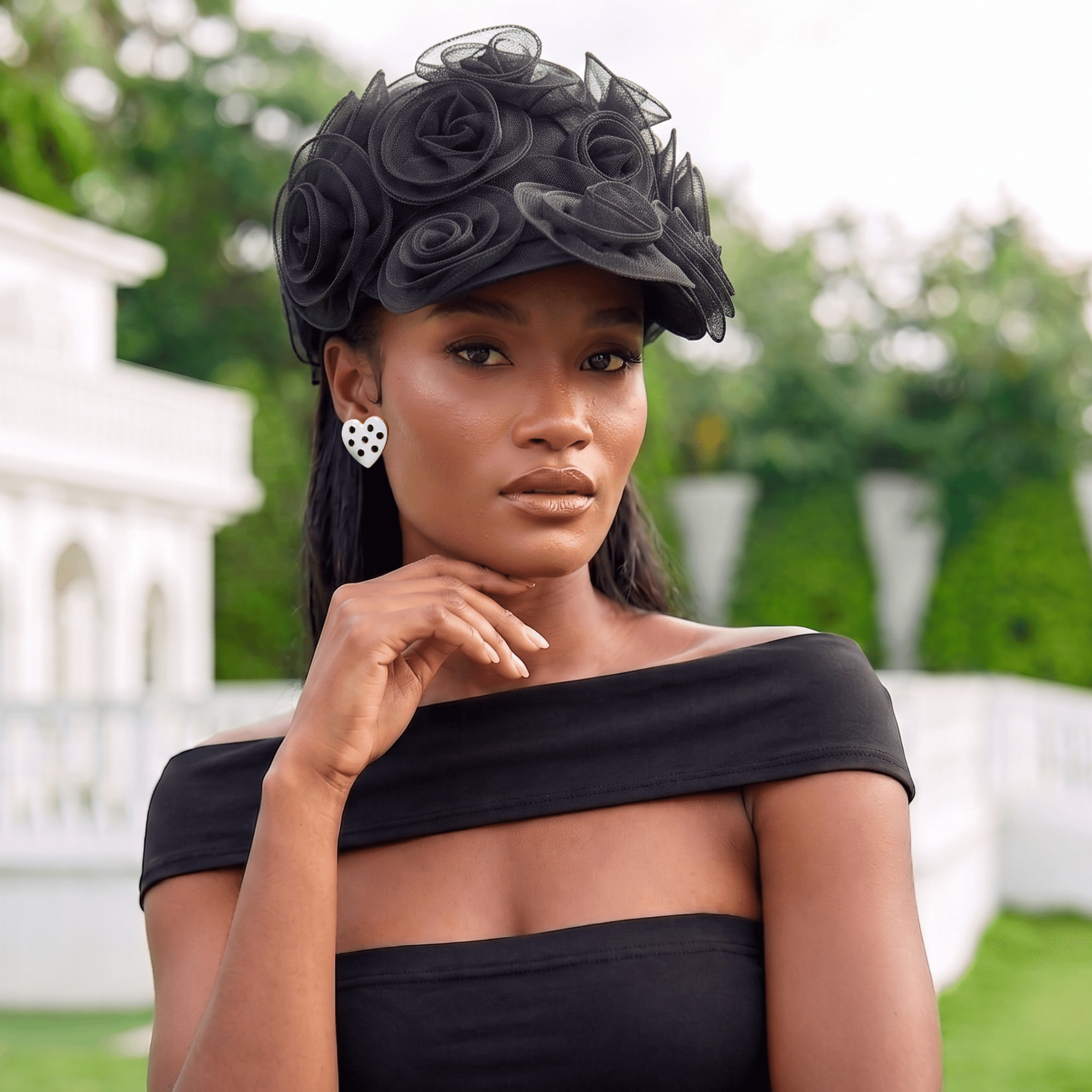 Rosette Ruffle Chiffon Cap - Onyx Bloom,Hat, Sassy Jones,