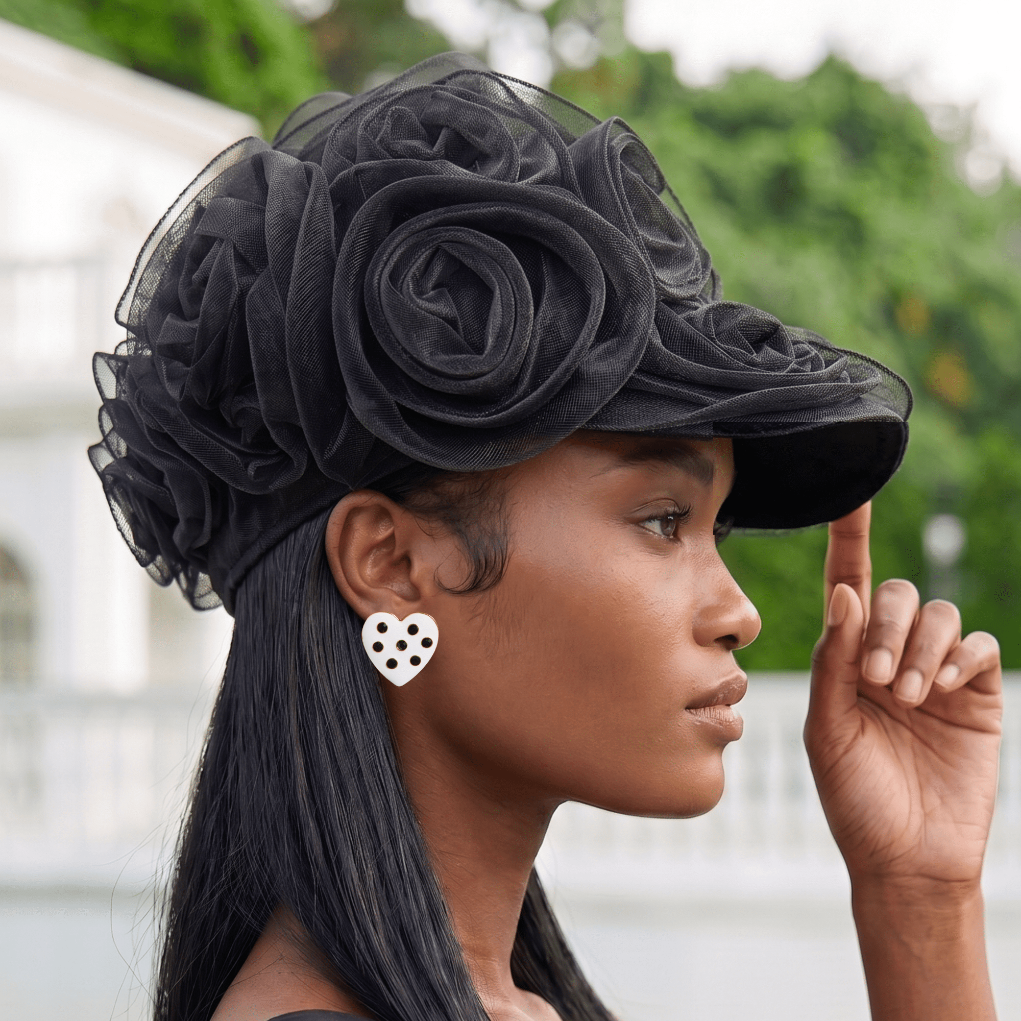 Rosette Ruffle Chiffon Cap - Onyx Bloom,Hat, Sassy Jones,