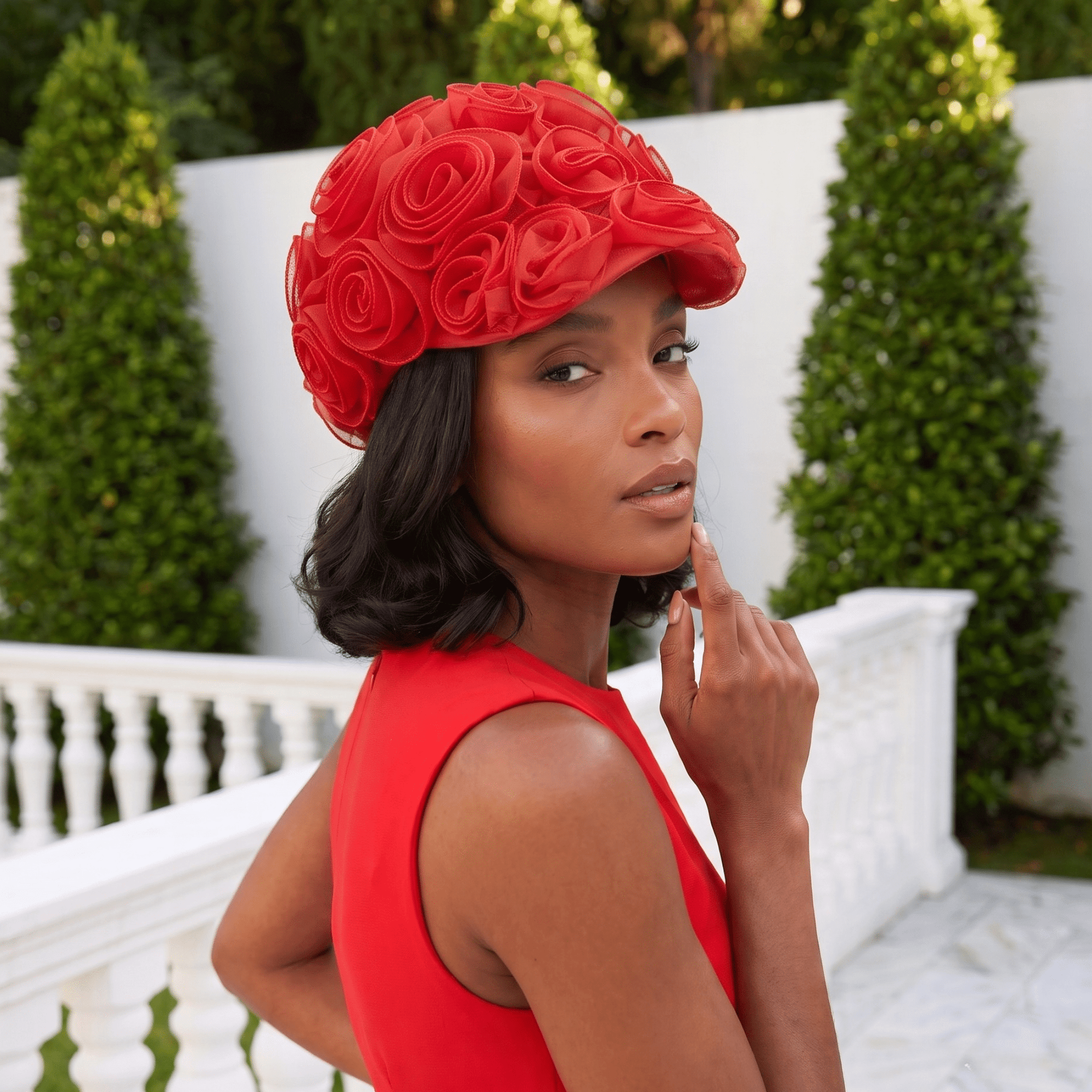Rosette Ruffle Chiffon Cap - Rosey Red,Hat, Sassy Jones,