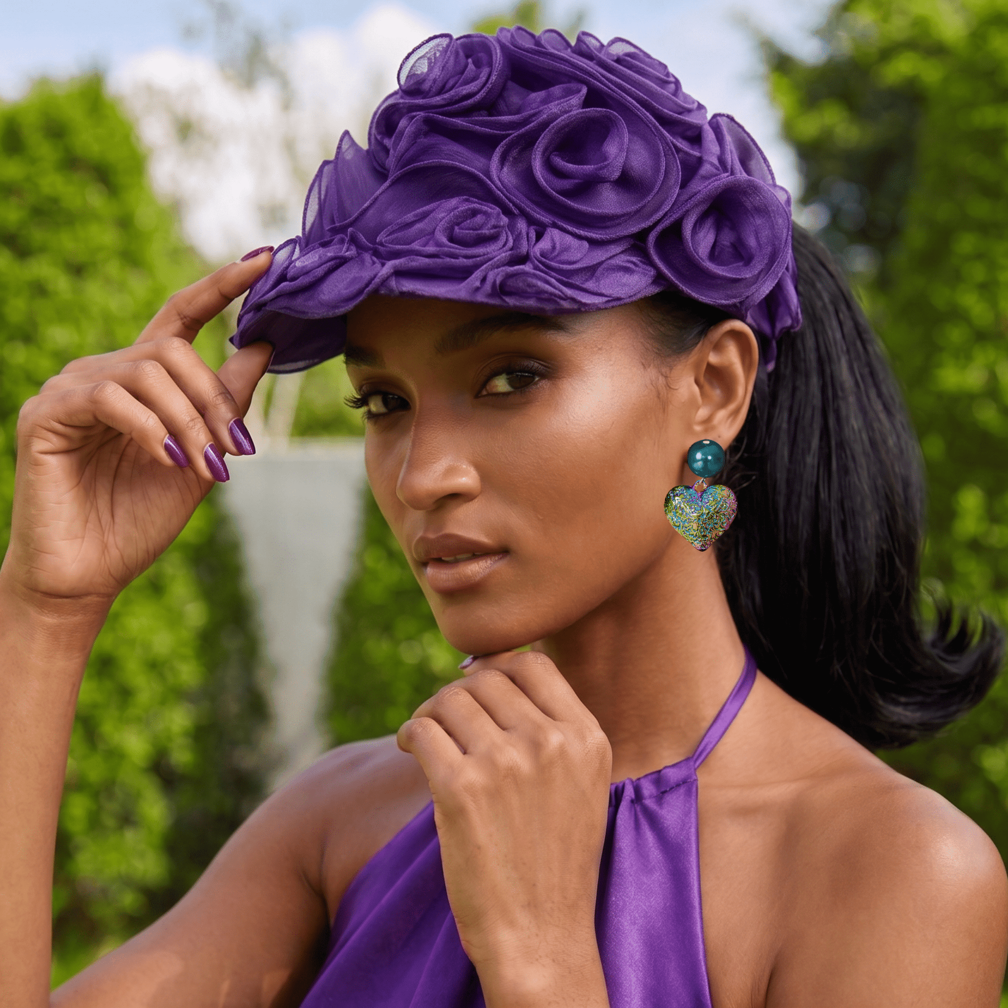 Rosette Ruffle Chiffon Cap - Royal Purple,Hat, Sassy Jones,