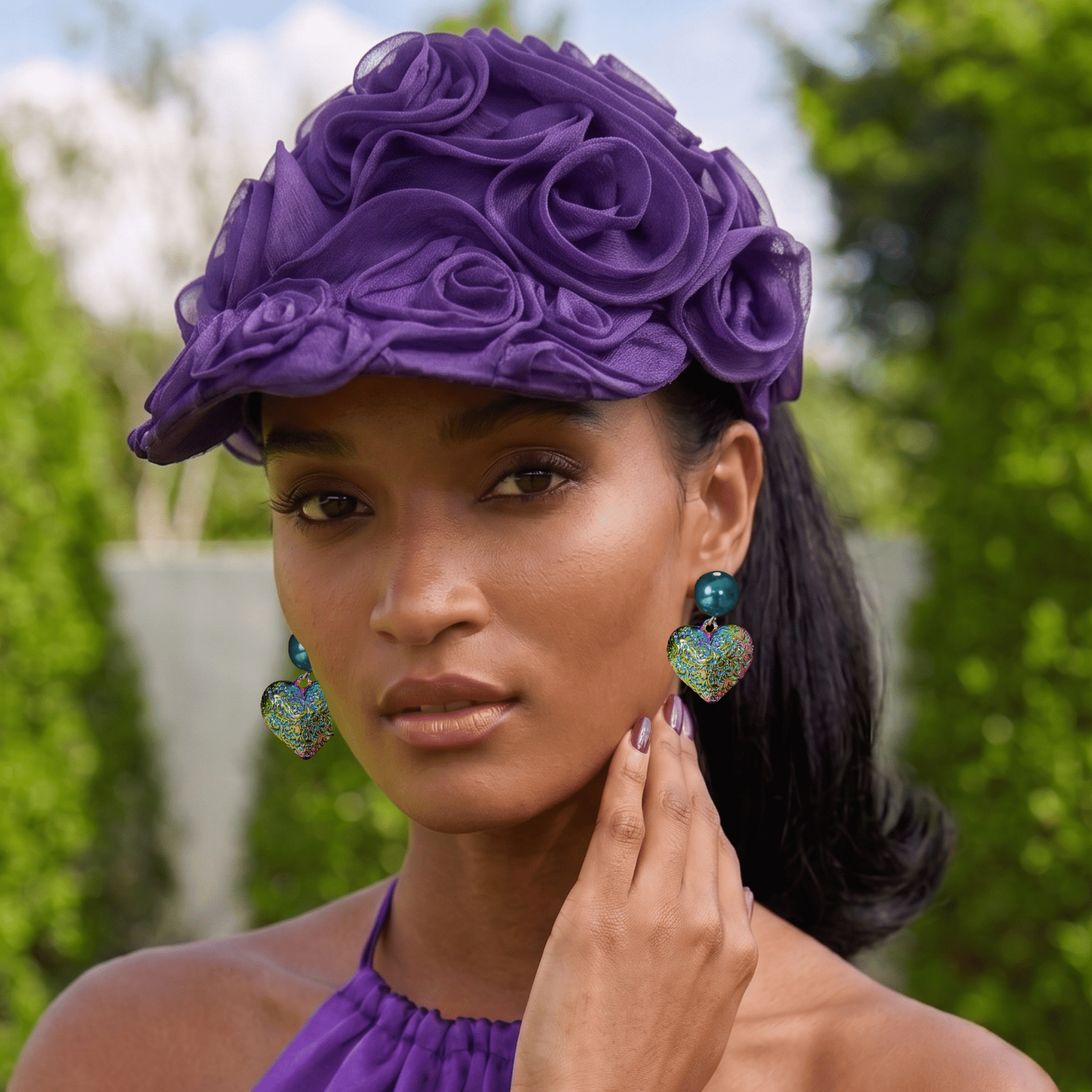 Rosette Ruffle Chiffon Cap - Royal Purple,Hat, Sassy Jones,