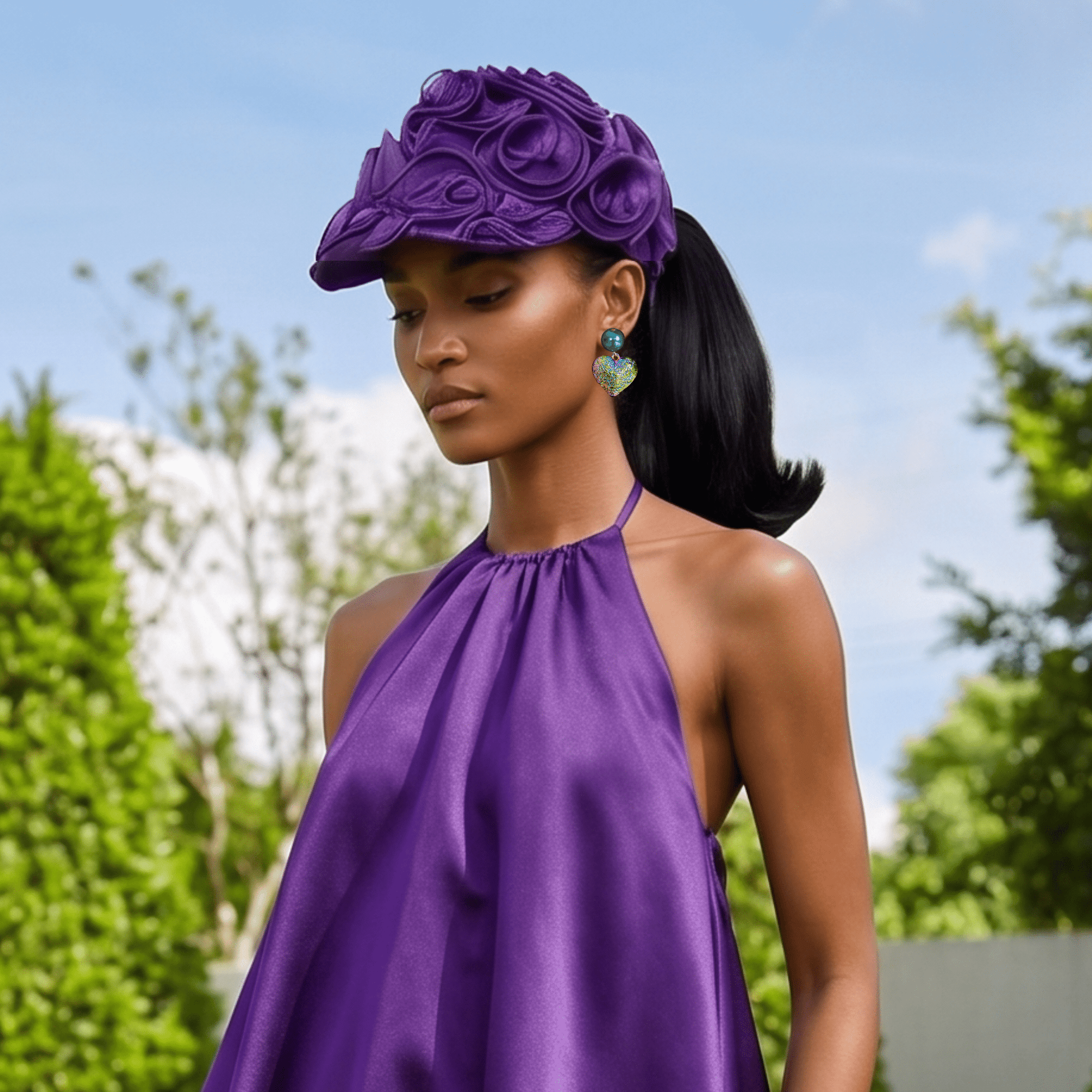 Rosette Ruffle Chiffon Cap - Royal Purple,Hat, Sassy Jones,