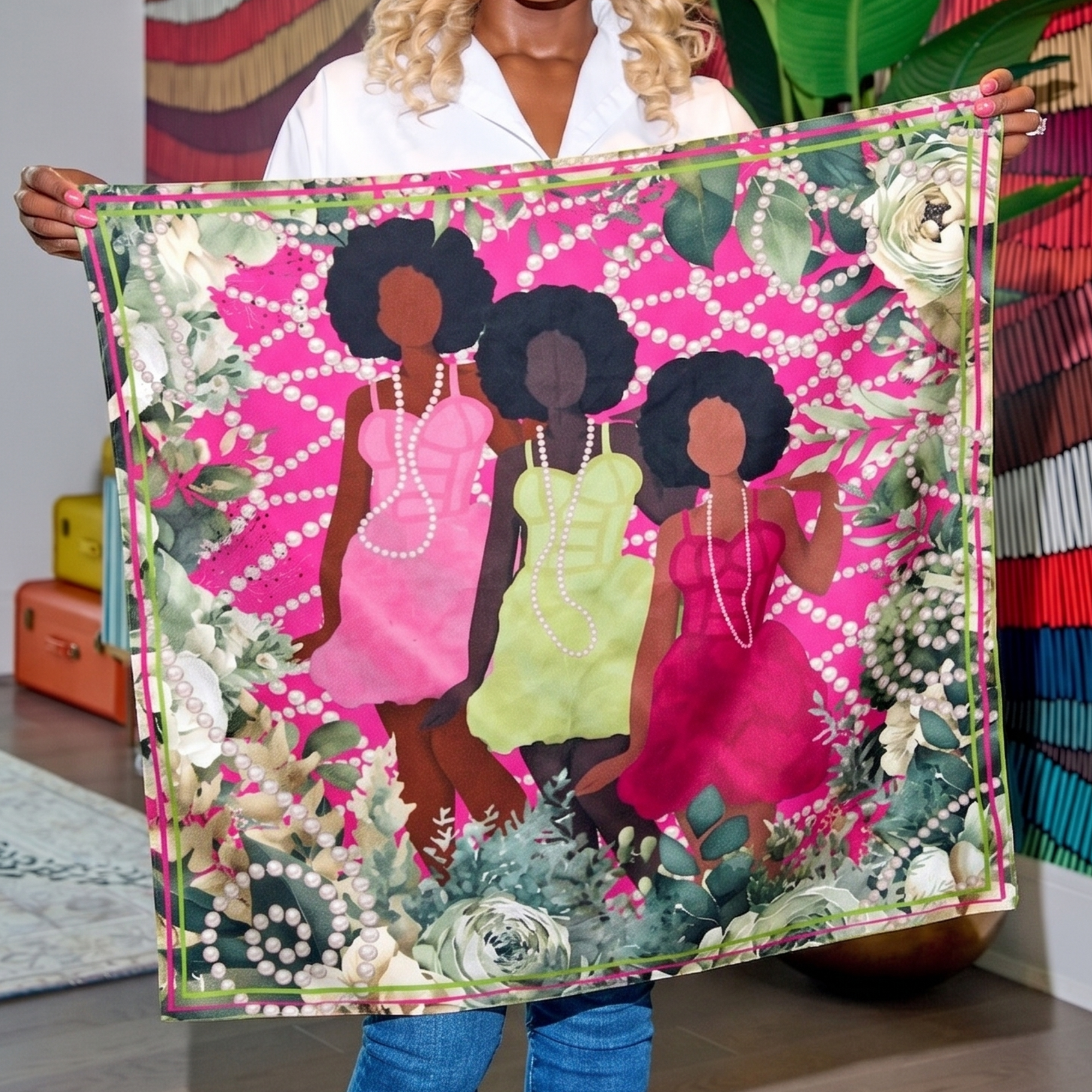 Sistership Luxe Scarf 33" x 33" - Pink/Green,Scarves, Sassy Jones,