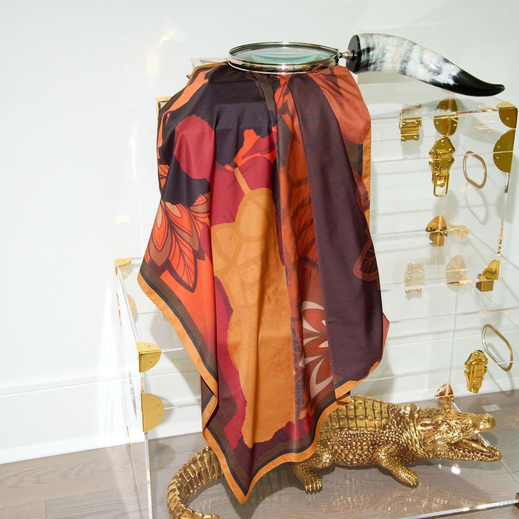 luxury square scarf, satin fashion scarf, boutique scarf for women, chocolate brown scarf, designer inspired scarf women, silk style square scarf, statement fashion scarf, women empowerment scarf, art print scarf, premium fashion accessories