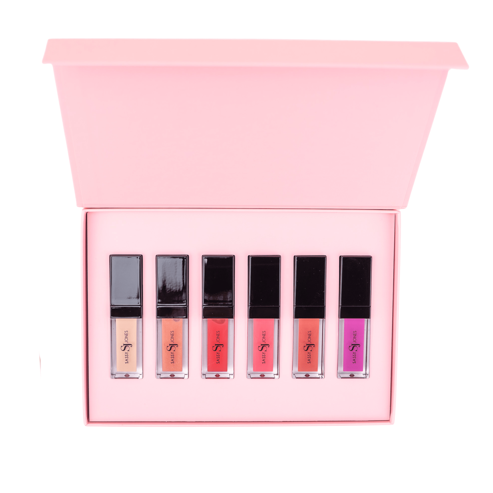 Six piece lip gloss set in pink box featuring neutral, coral, red, and pink shades with high shine finish.