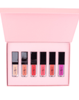 Six piece lip gloss set in pink box featuring neutral, coral, red, and pink shades with high shine finish.