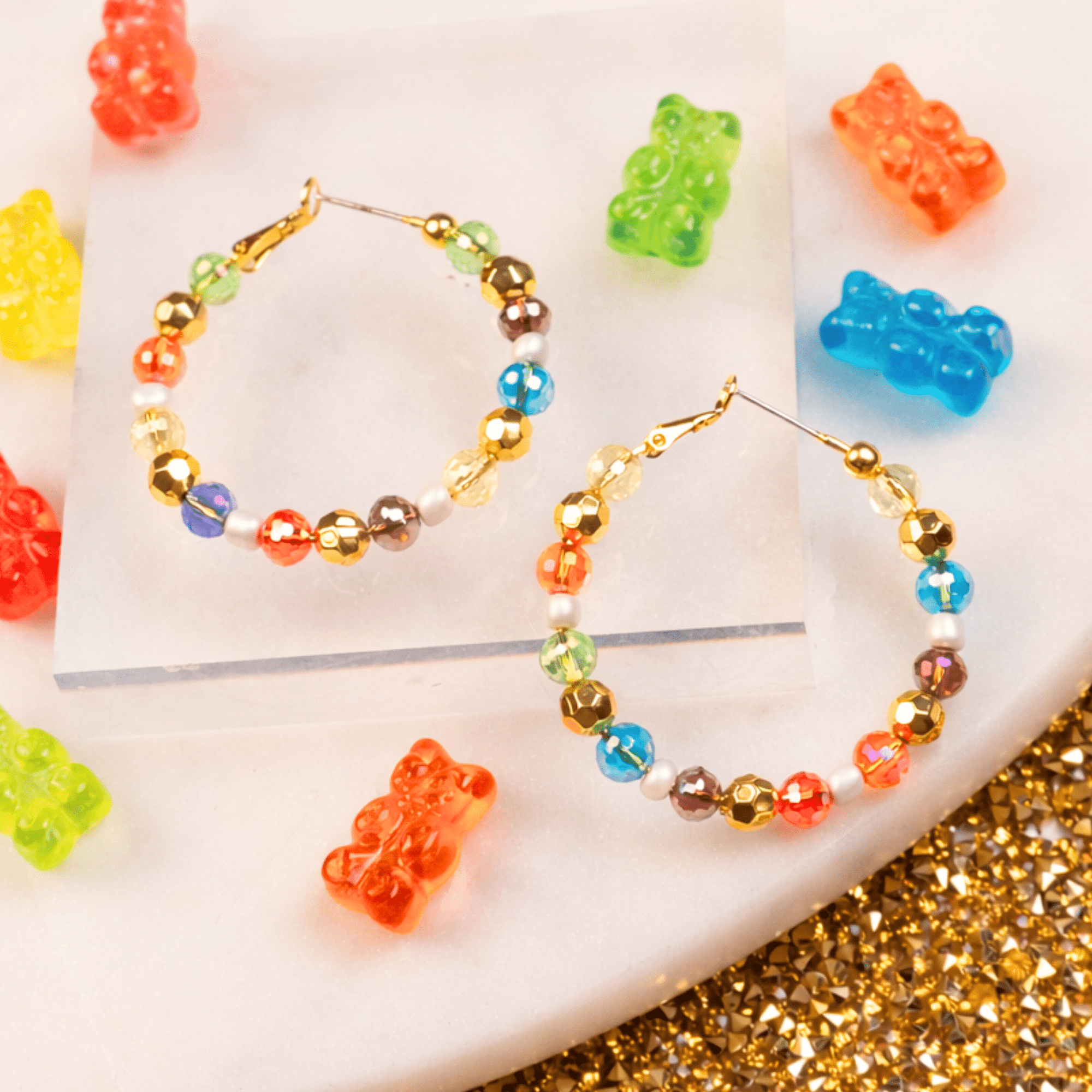 Teddy Glam Glass & Pearl Hoops,Earrings, Sassy Jones,