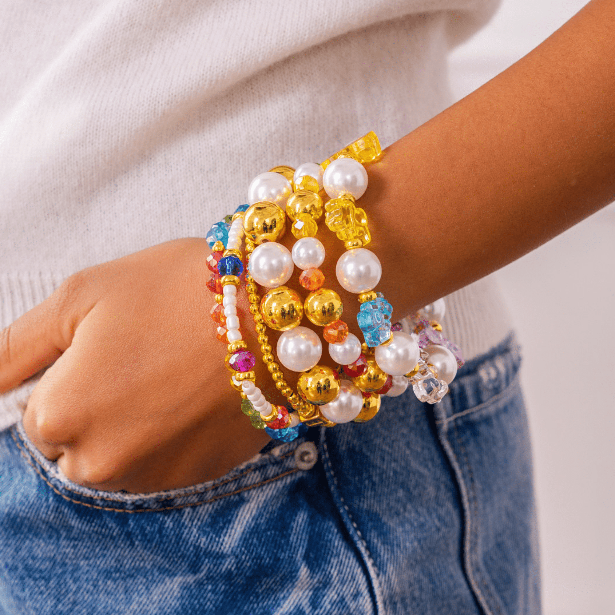 Teddy Glam Pearl 6pc Stretch Bracelet Stack,Bracelets, Sassy Jones,