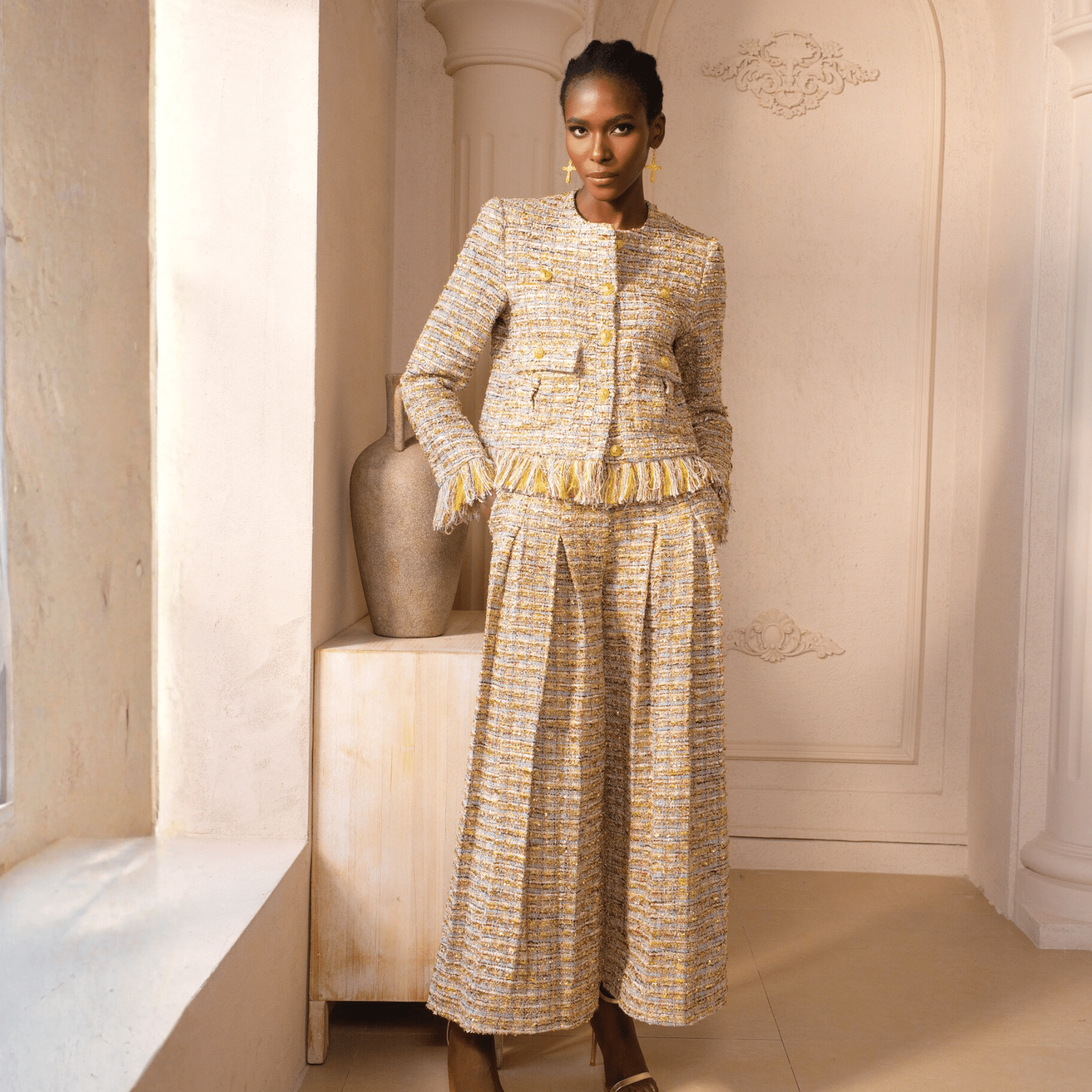 The Claire Metallic Tweed Fringe Blazer,Clothing, Sassy Jones,