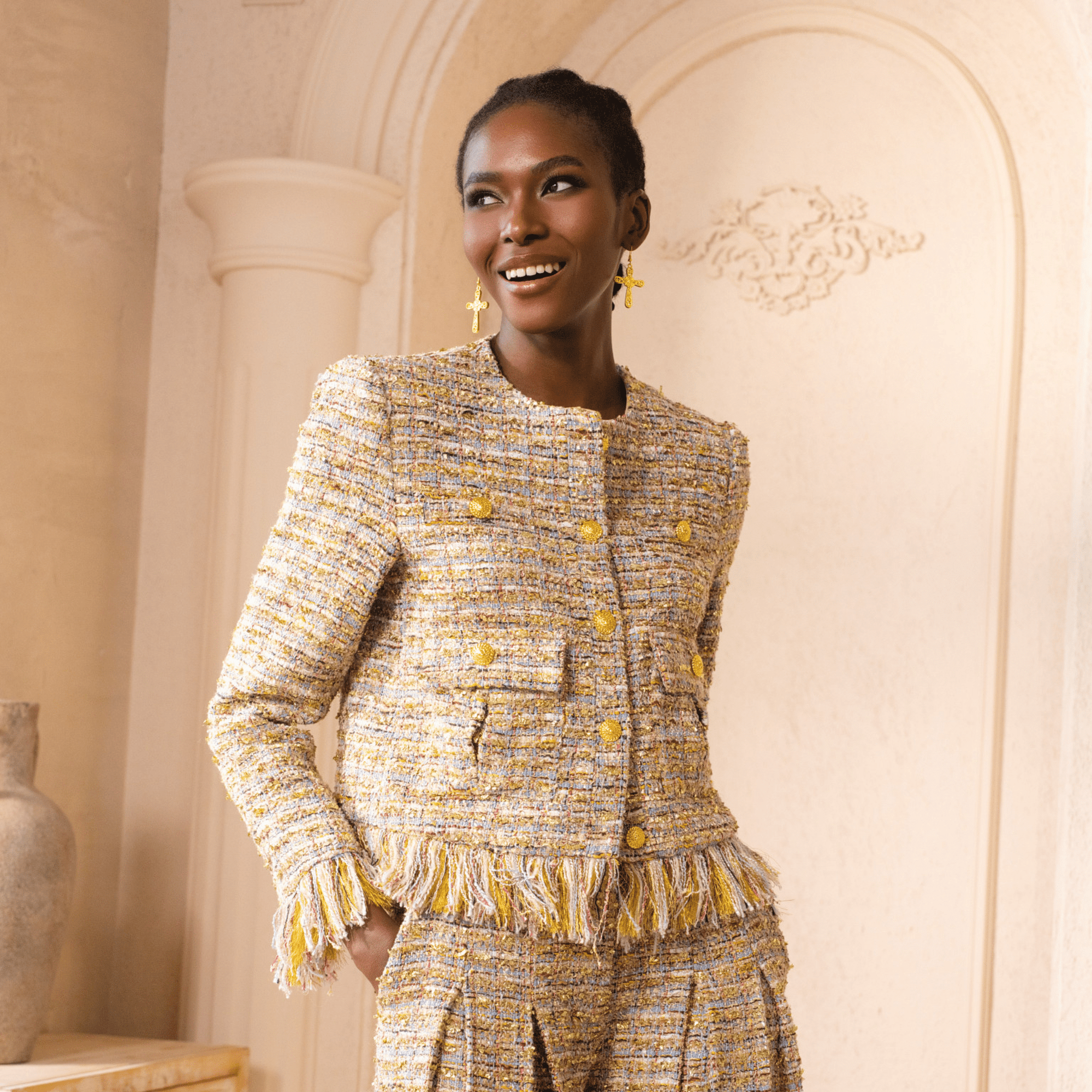 The Claire Metallic Tweed Fringe Blazer,Clothing, Sassy Jones,