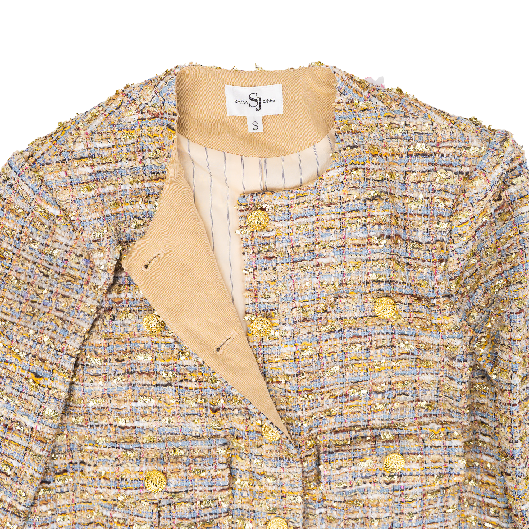 The Claire Metallic Tweed Fringe Blazer,Clothing, Sassy Jones,