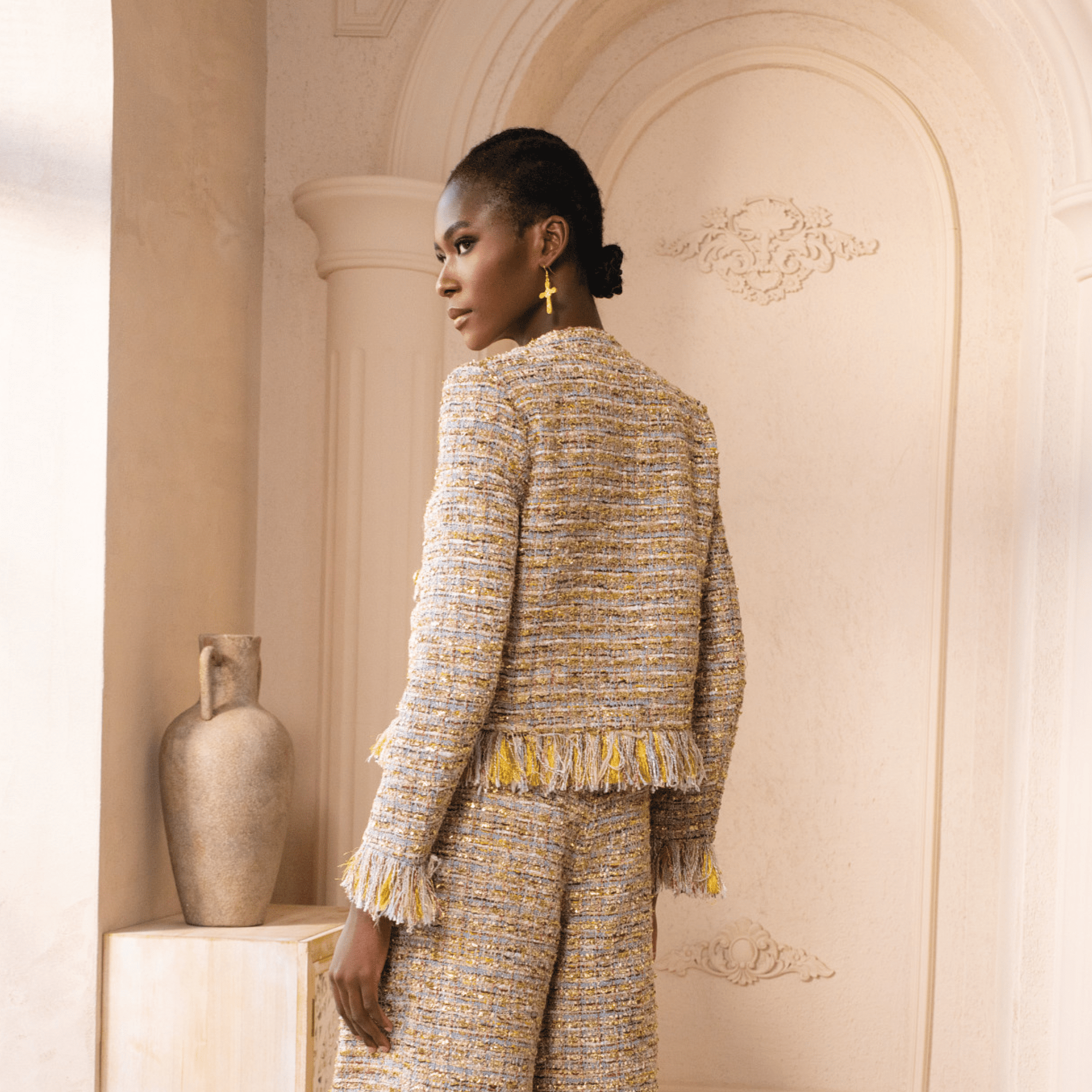 The Claire Metallic Tweed Fringe Blazer,Clothing, Sassy Jones,