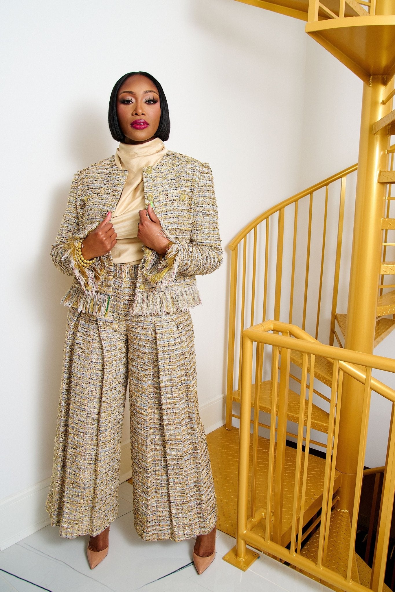 The Claire Metallic Tweed Pleated Trouser,Clothing, Sassy Jones,