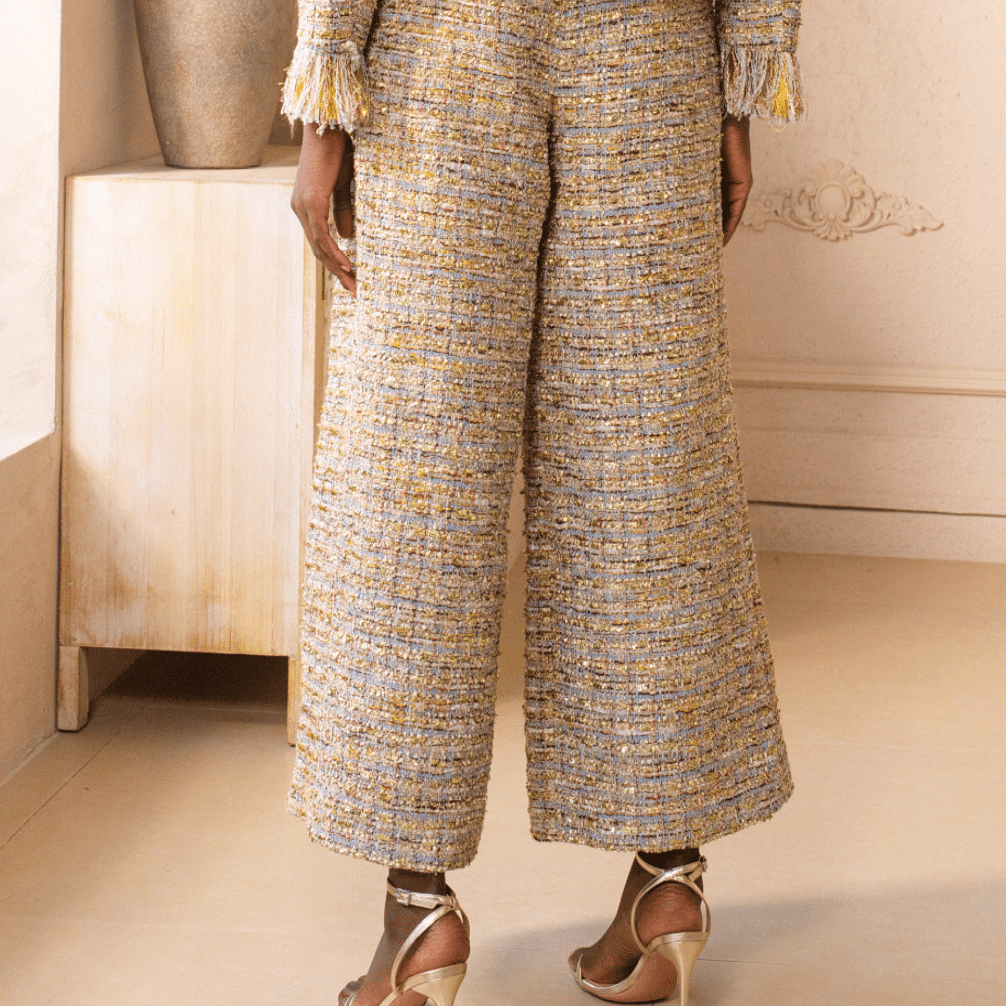 The Claire Metallic Tweed Pleated Trouser,Clothing, Sassy Jones,