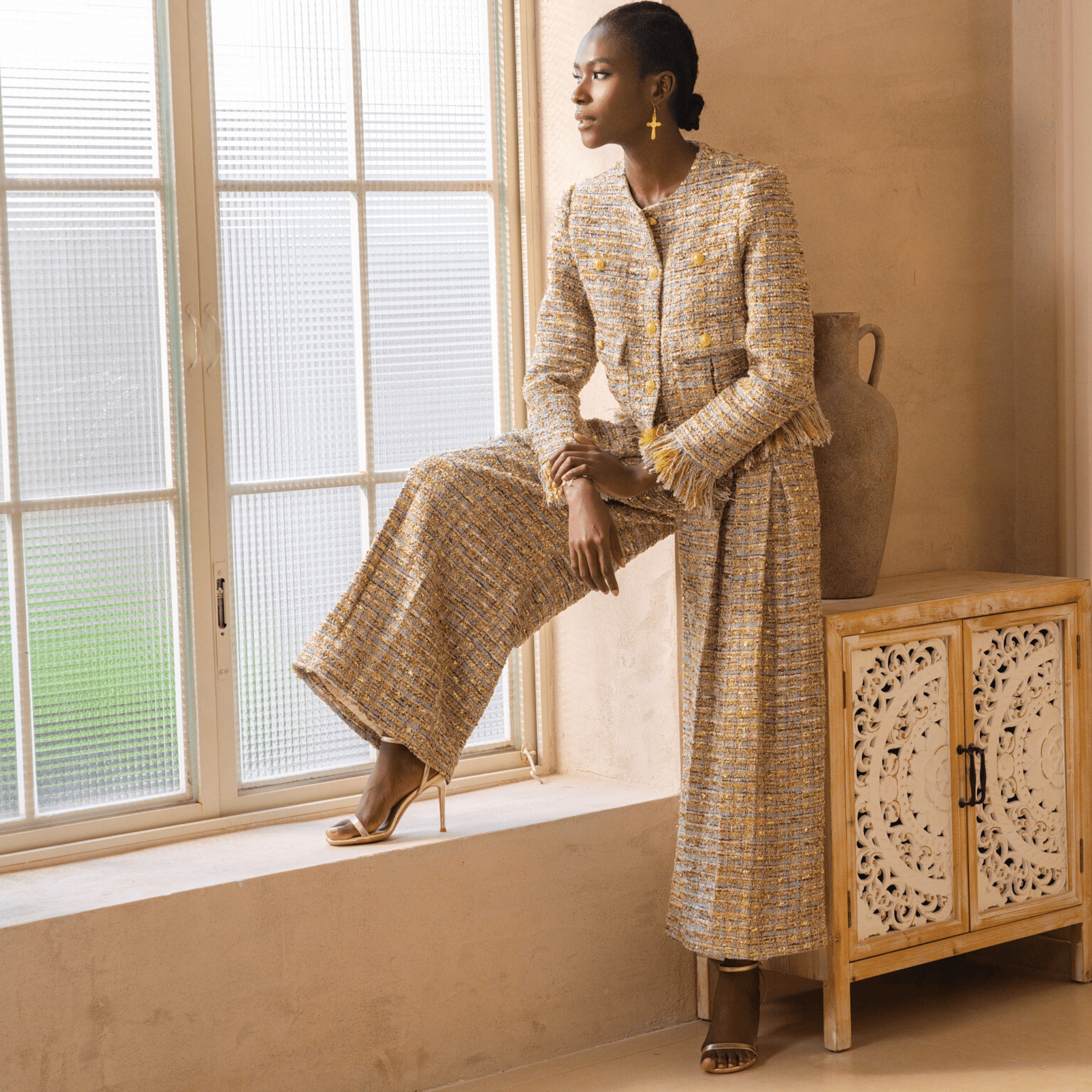 The Claire Metallic Tweed Pleated Trouser,Clothing, Sassy Jones,