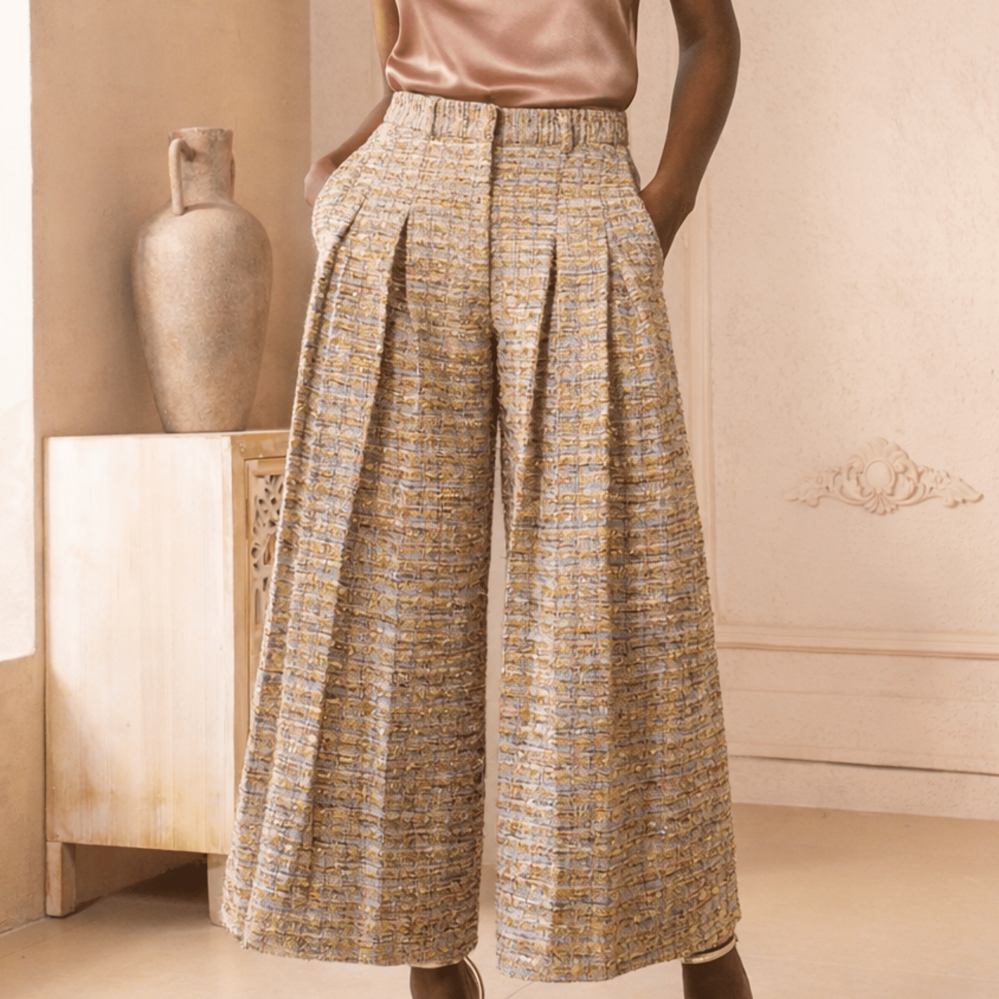 The Claire Metallic Tweed Pleated Trouser,Clothing, Sassy Jones,