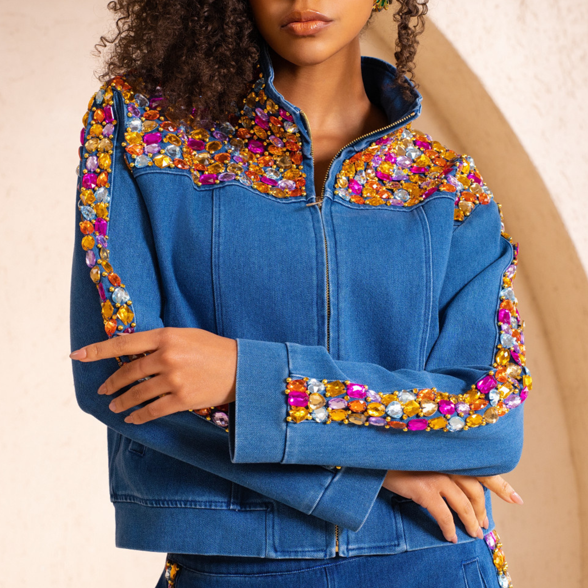 The Gemma Crystal Jogger Jacket - Denim,Clothing, Sassy Jones,