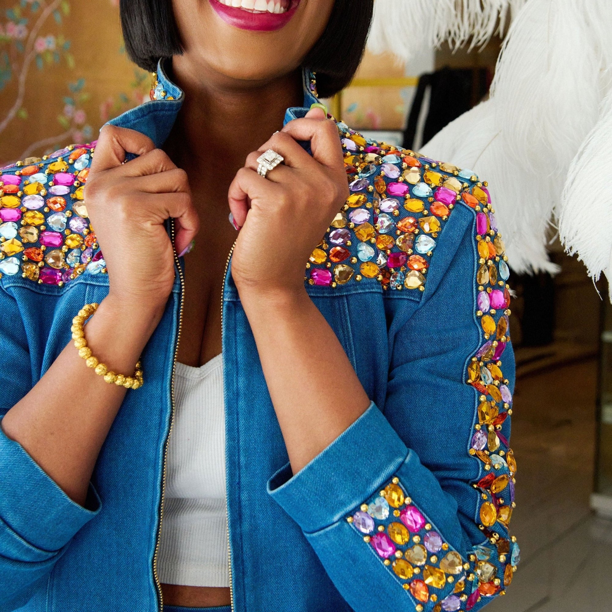 The Gemma Crystal Jogger Jacket - Denim,Clothing, Sassy Jones,