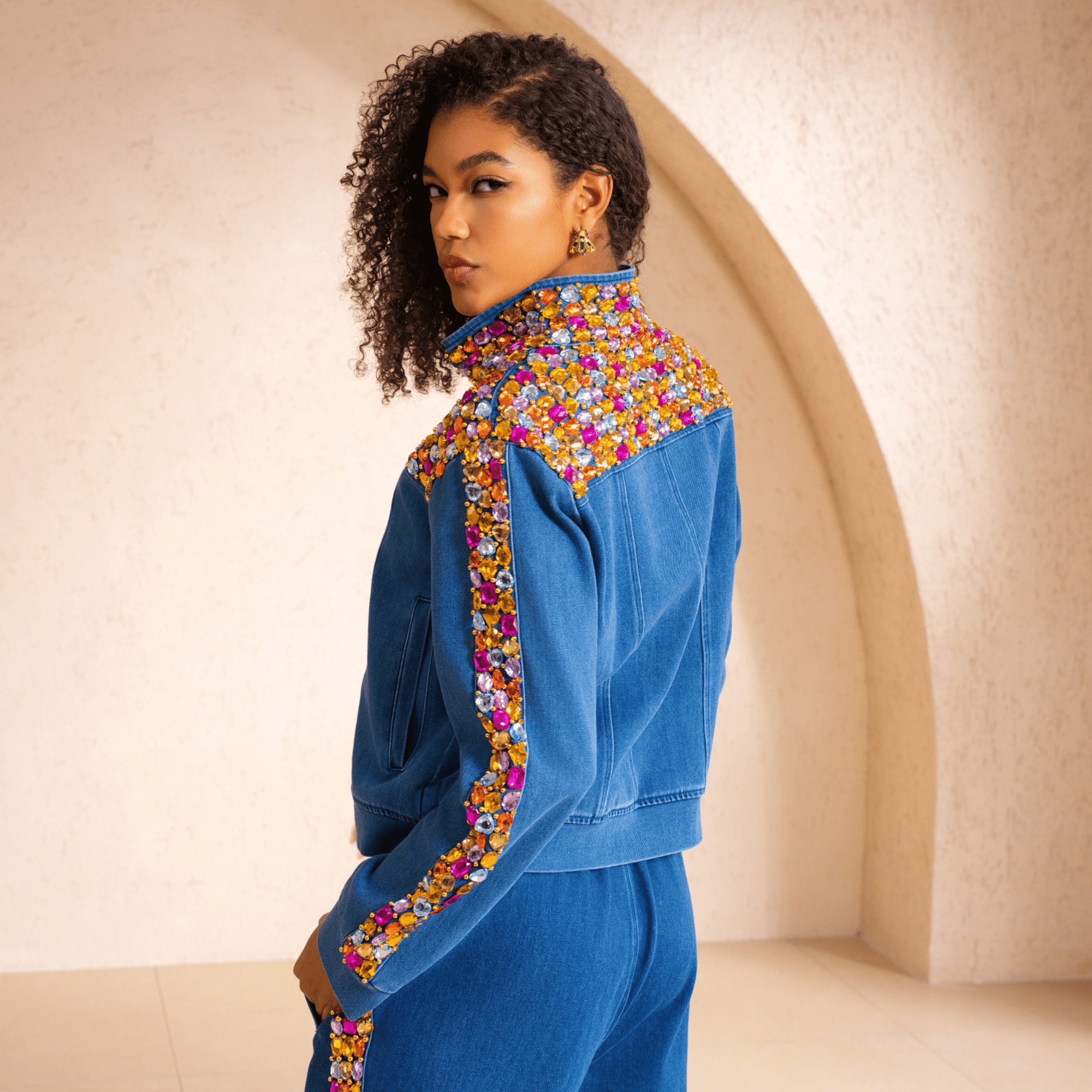 The Gemma Crystal Jogger Jacket - Denim,Clothing, Sassy Jones,