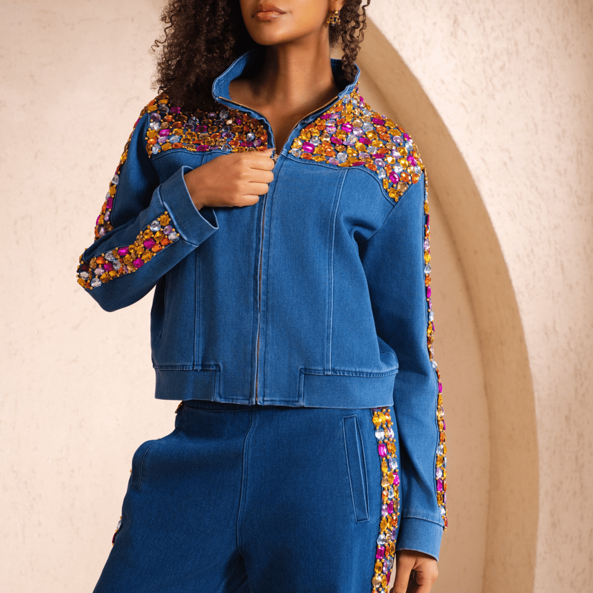 The Gemma Crystal Jogger Jacket - Denim,Clothing, Sassy Jones,