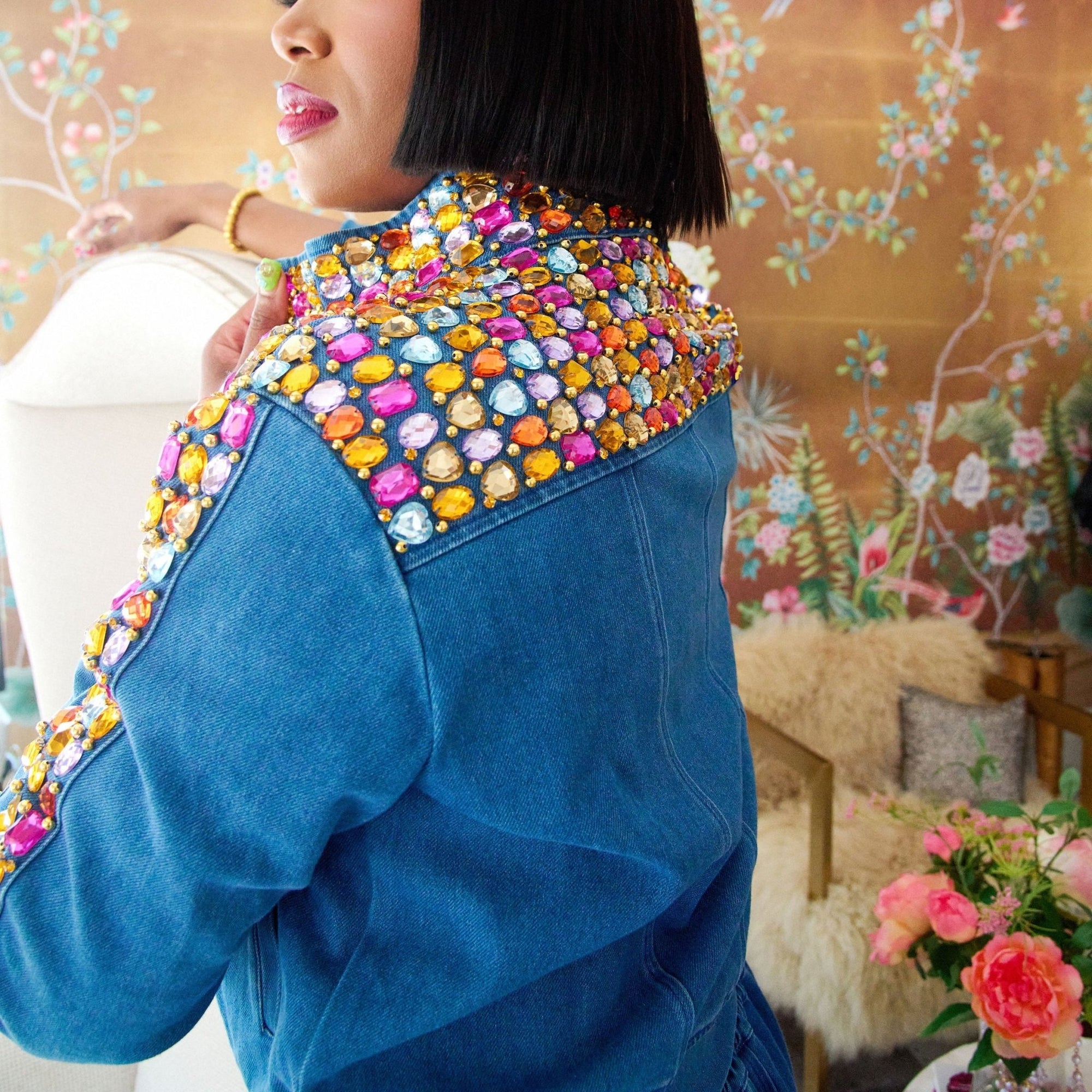 The Gemma Crystal Jogger Jacket - Denim,Clothing, Sassy Jones,