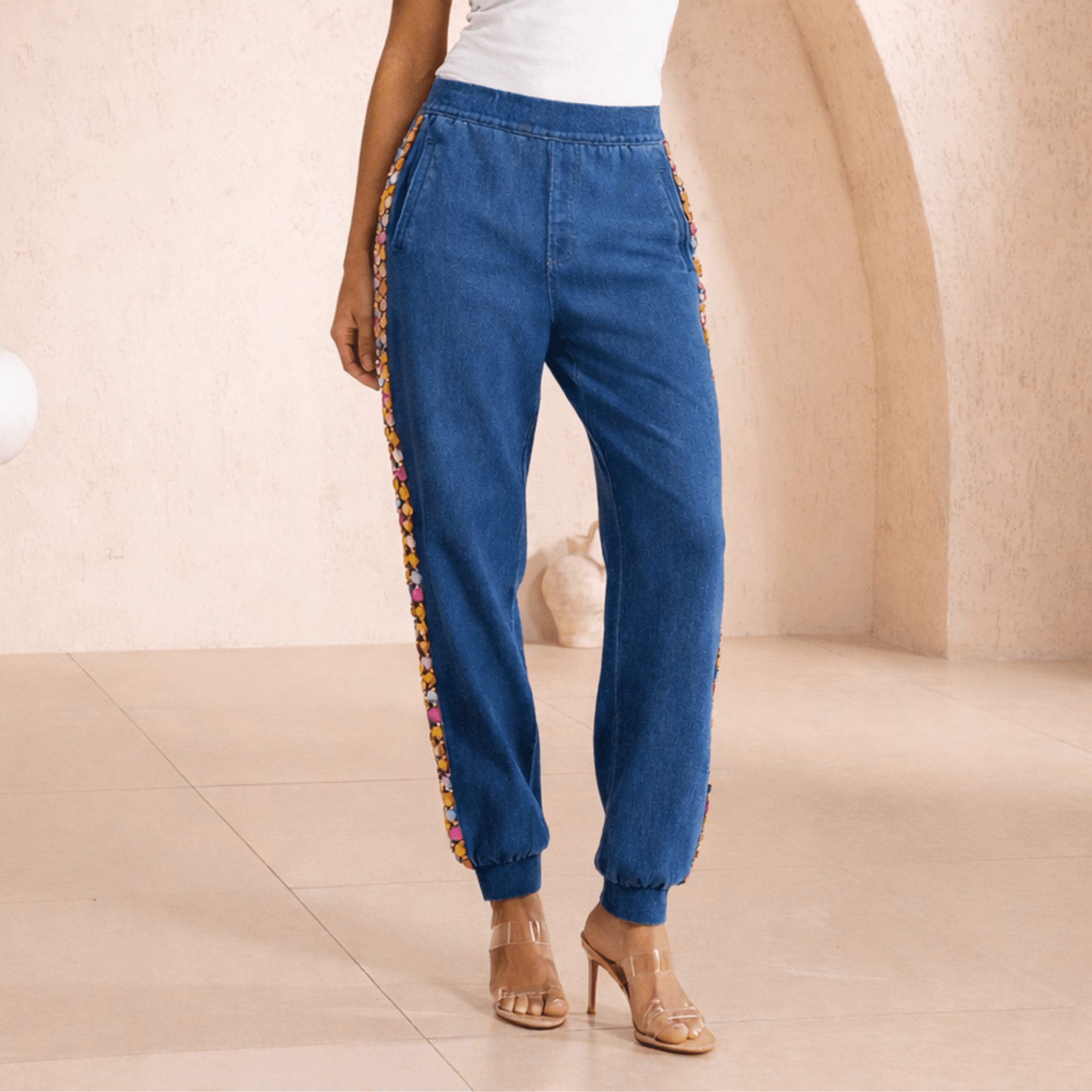 The Gemma Crystal Stretch Jogger Pant - Denim,Clothing, Sassy Jones,