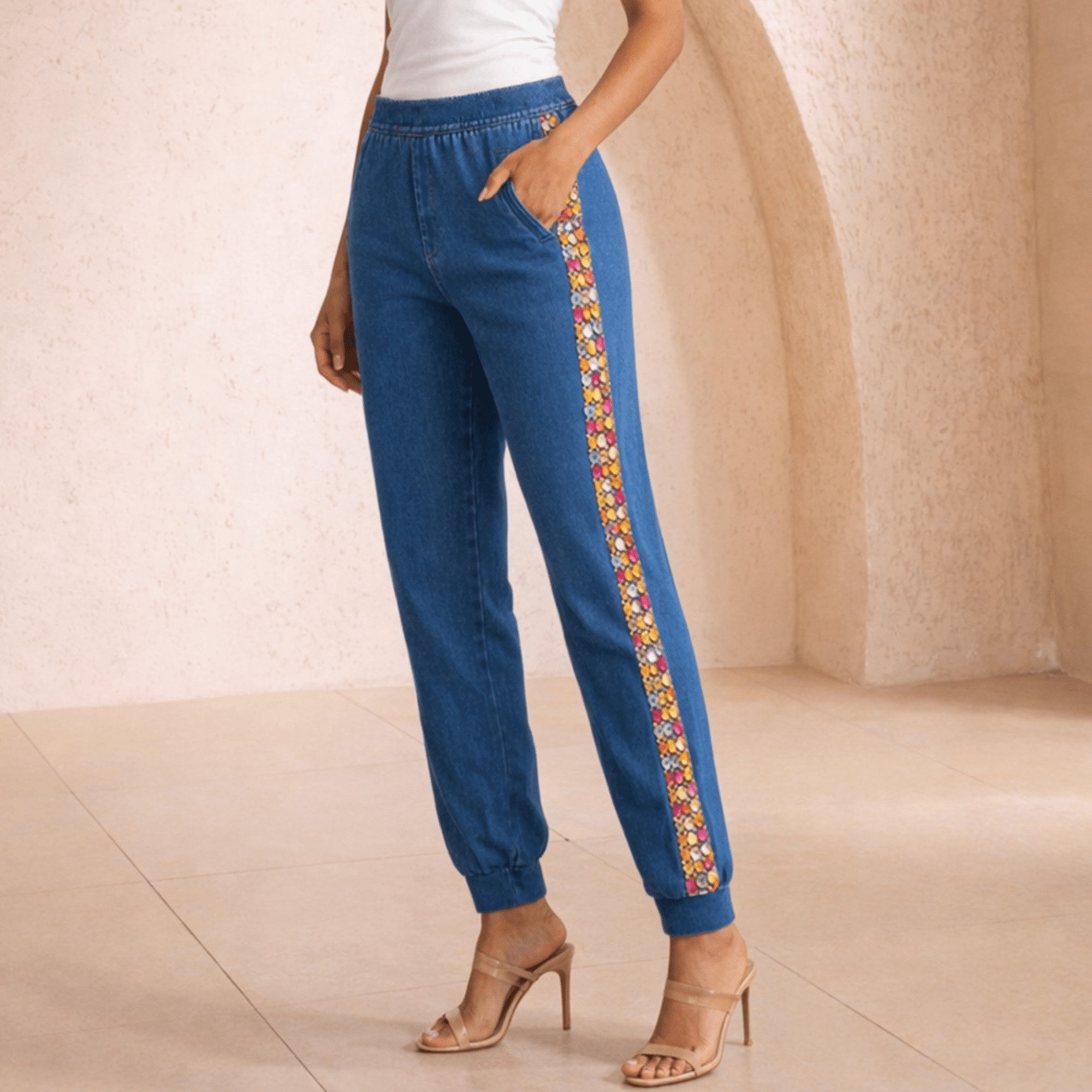 The Gemma Crystal Stretch Jogger Pant - Denim,Clothing, Sassy Jones,