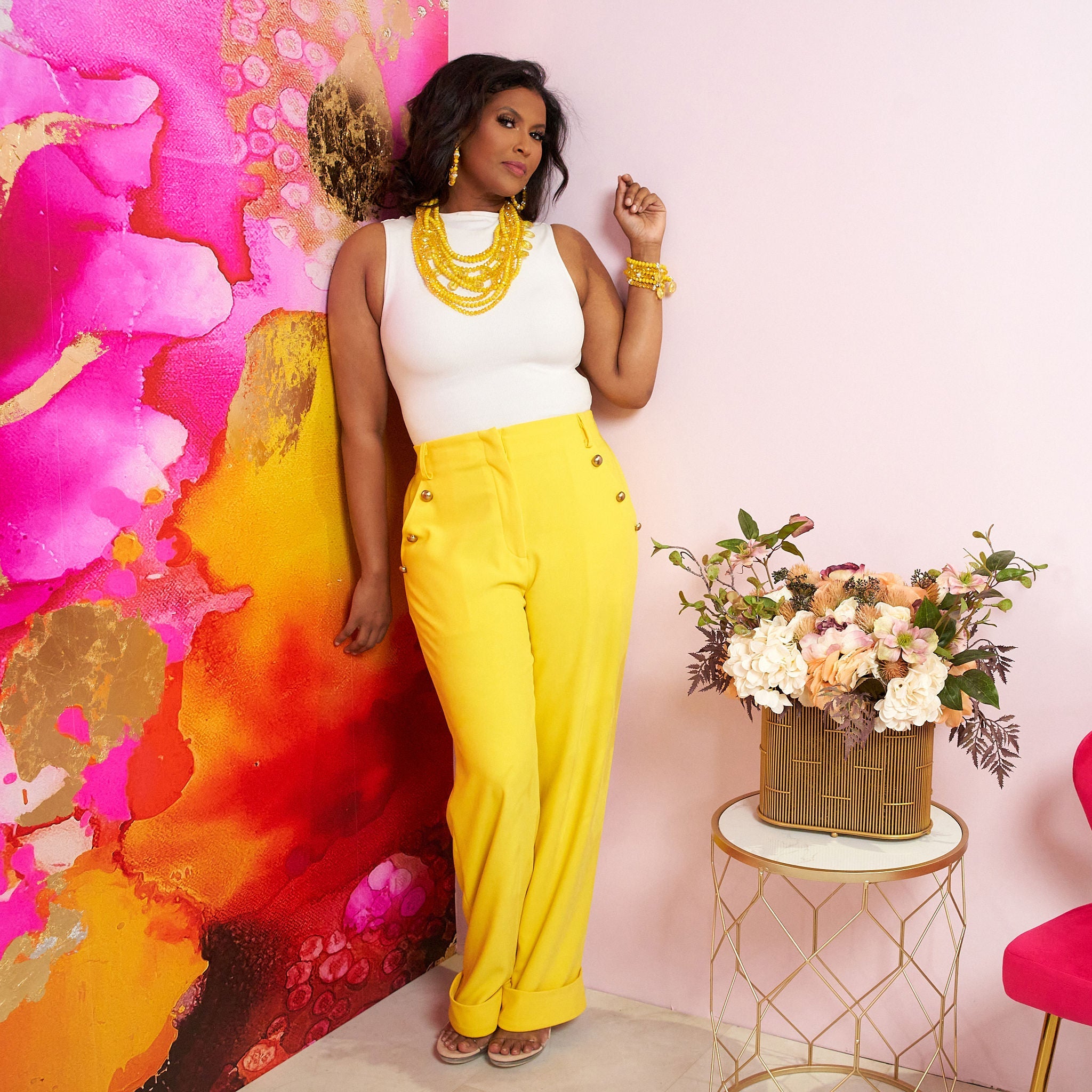 The Iman Trousers - Canary - Sassy Jones, high waist pants, cuff hem, yellow trousers, relaxed fit
