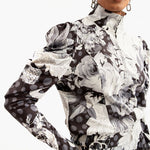 The Kristyn Draped Jogger Jacket - Floral Essence- B/W - Sassy Jones