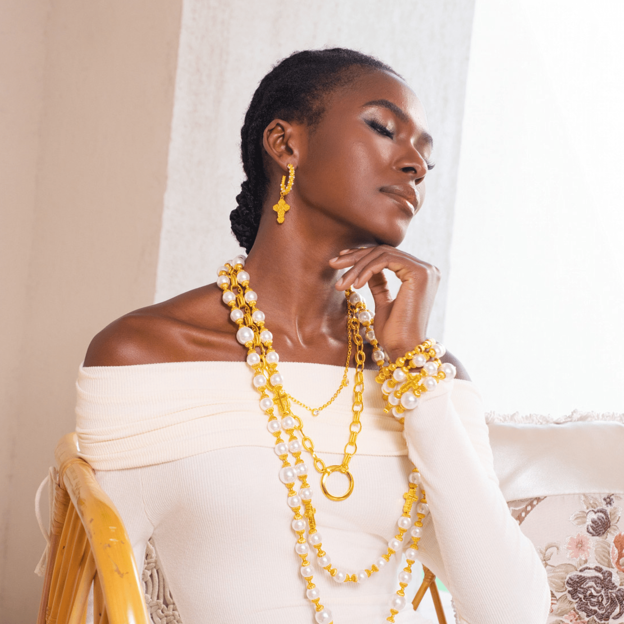 Trinity Cross Hoops - Dynasty Pearl,Earrings, Sassy Jones,