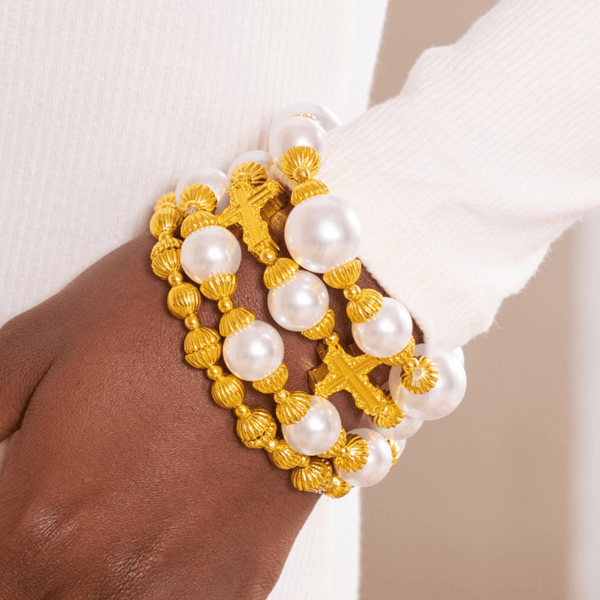 Trinity Cross Stretch Bracelet Stack - Dynasty Pearl | Sassy Jones Trinity Cross Stretch Bracelet Stack - Dynasty Pearl | Sassy Jones
