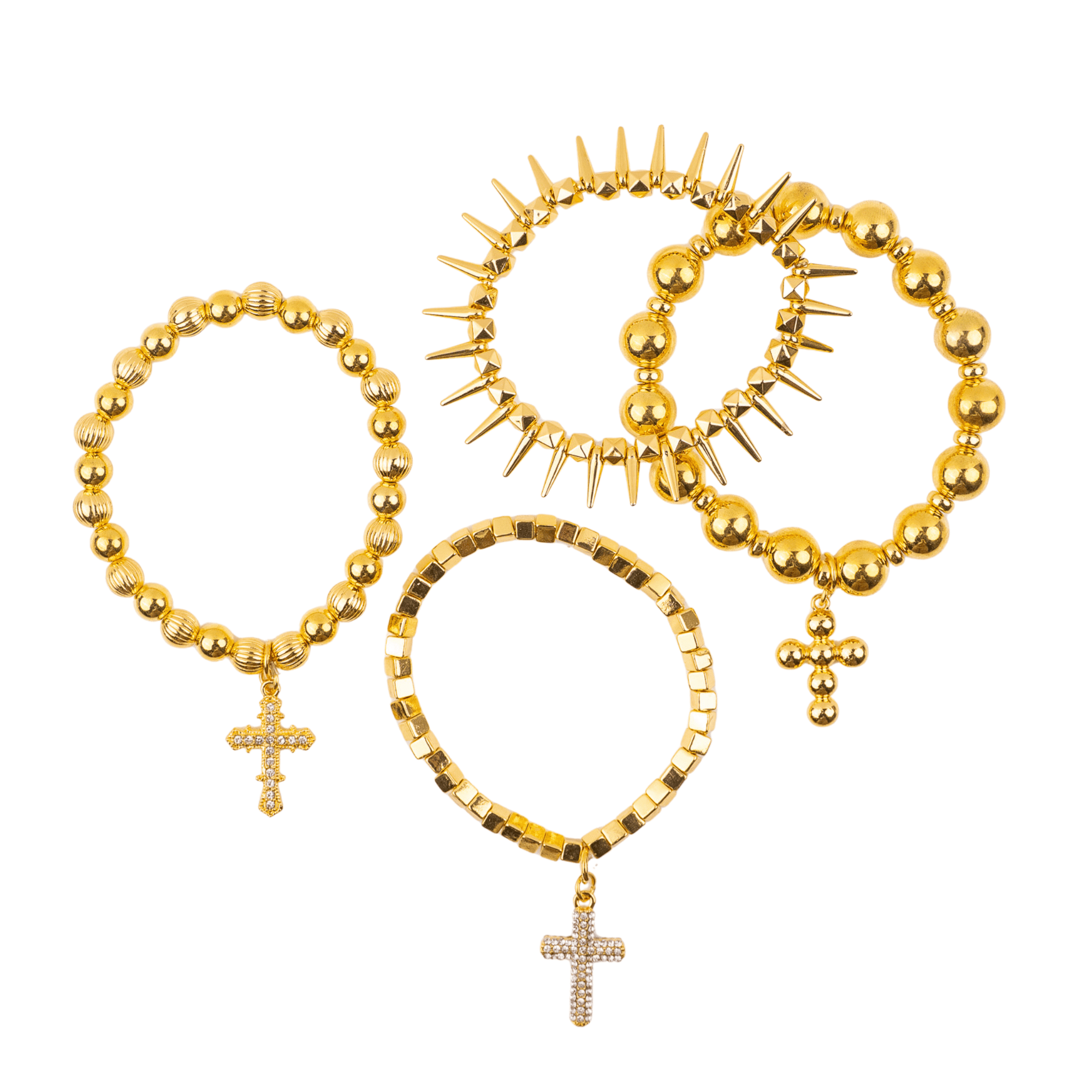 Trinity Crucifix Cross 4pc Stretch Bracelet Stack - Gold,Bracelets, Sassy Jones,