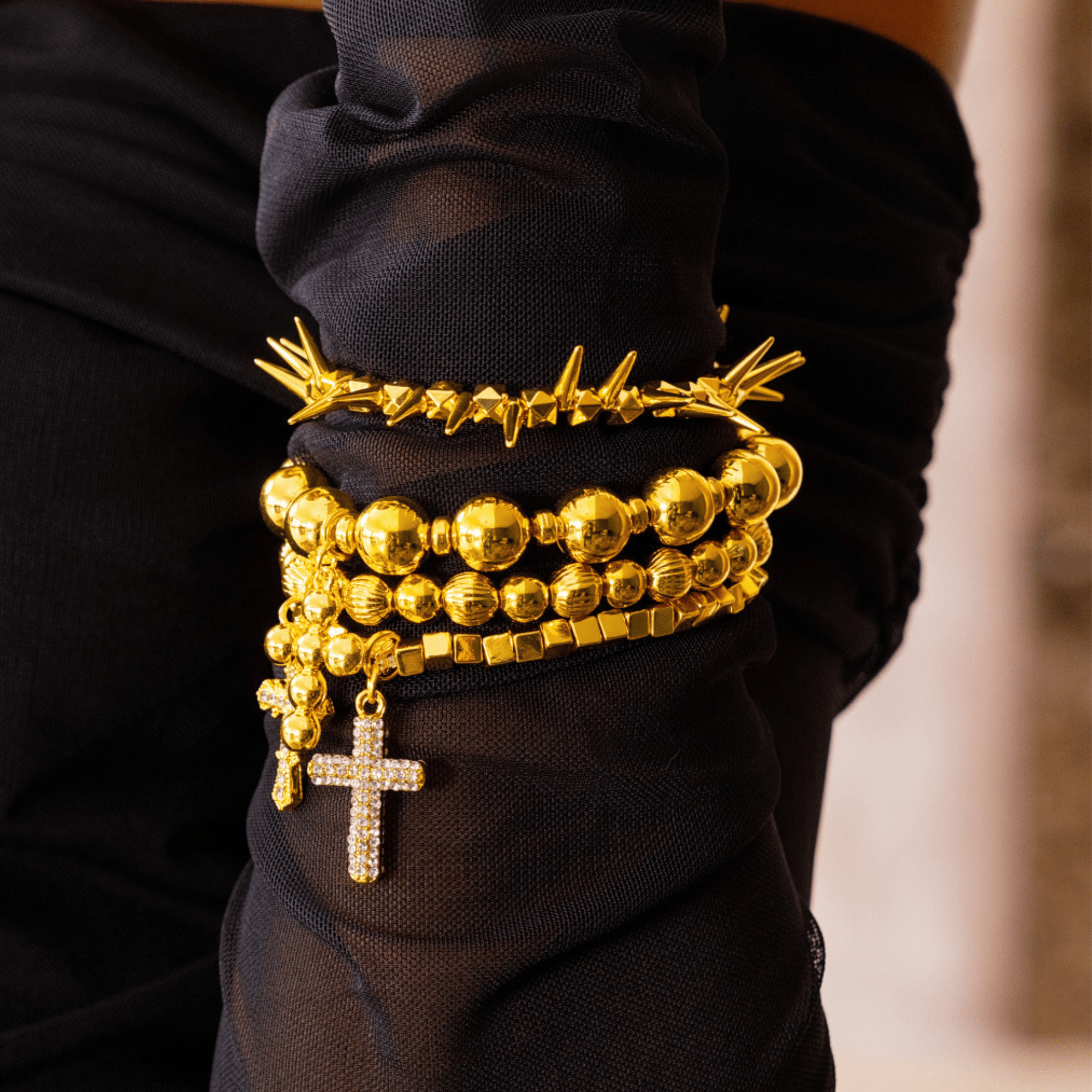 Trinity Crucifix Cross 4pc Stretch Bracelet Stack - Gold,Bracelets, Sassy Jones,